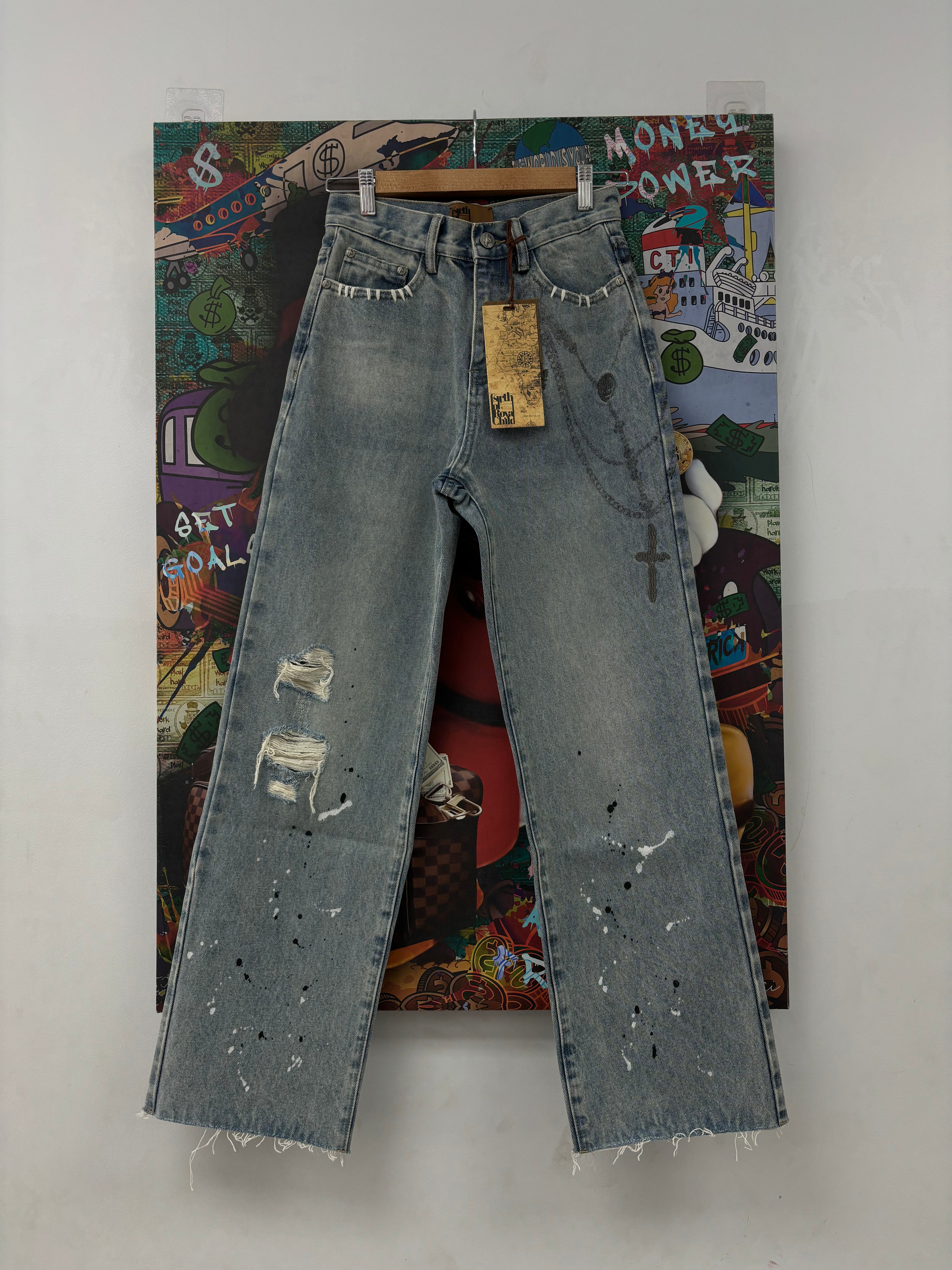 Birth Of A Royal Child Jeans Cross Chains Light Wash (XS-XL) New