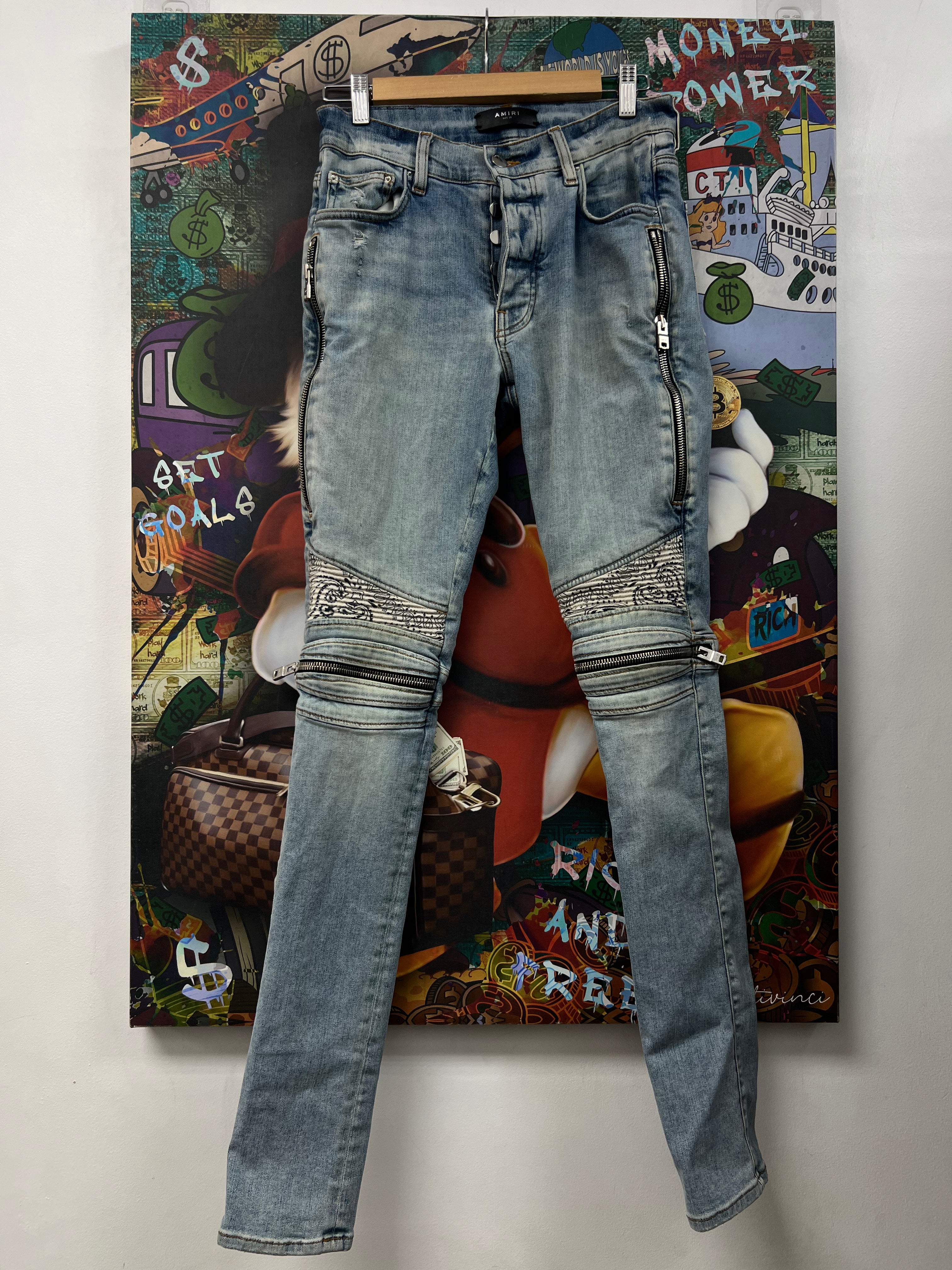 Amiri MX2 Light Wash White Paisley Patch Jeans