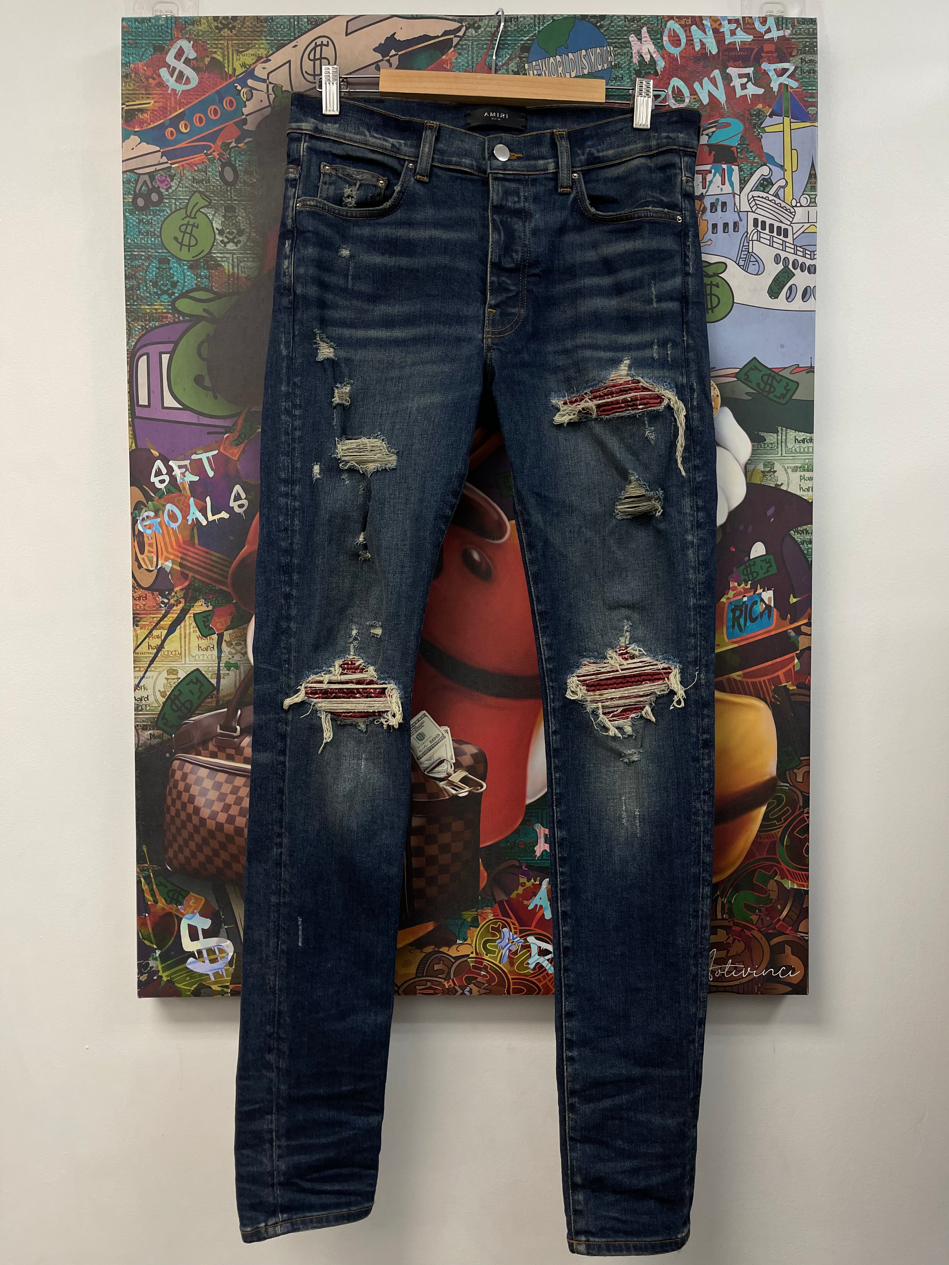 Amiri MX1 Navy Red Paisley Patch Jeans