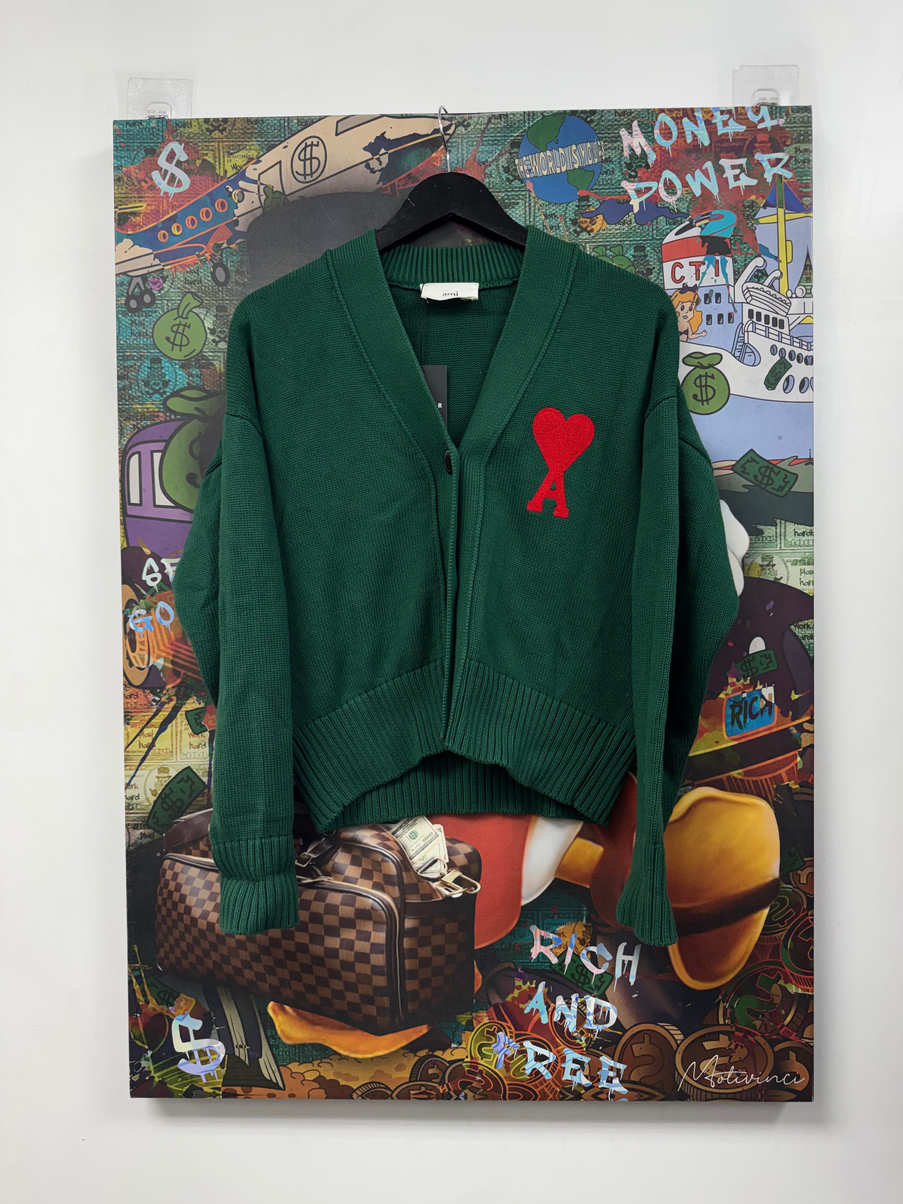 Ami Green Red Button Up Cardigan Sweater