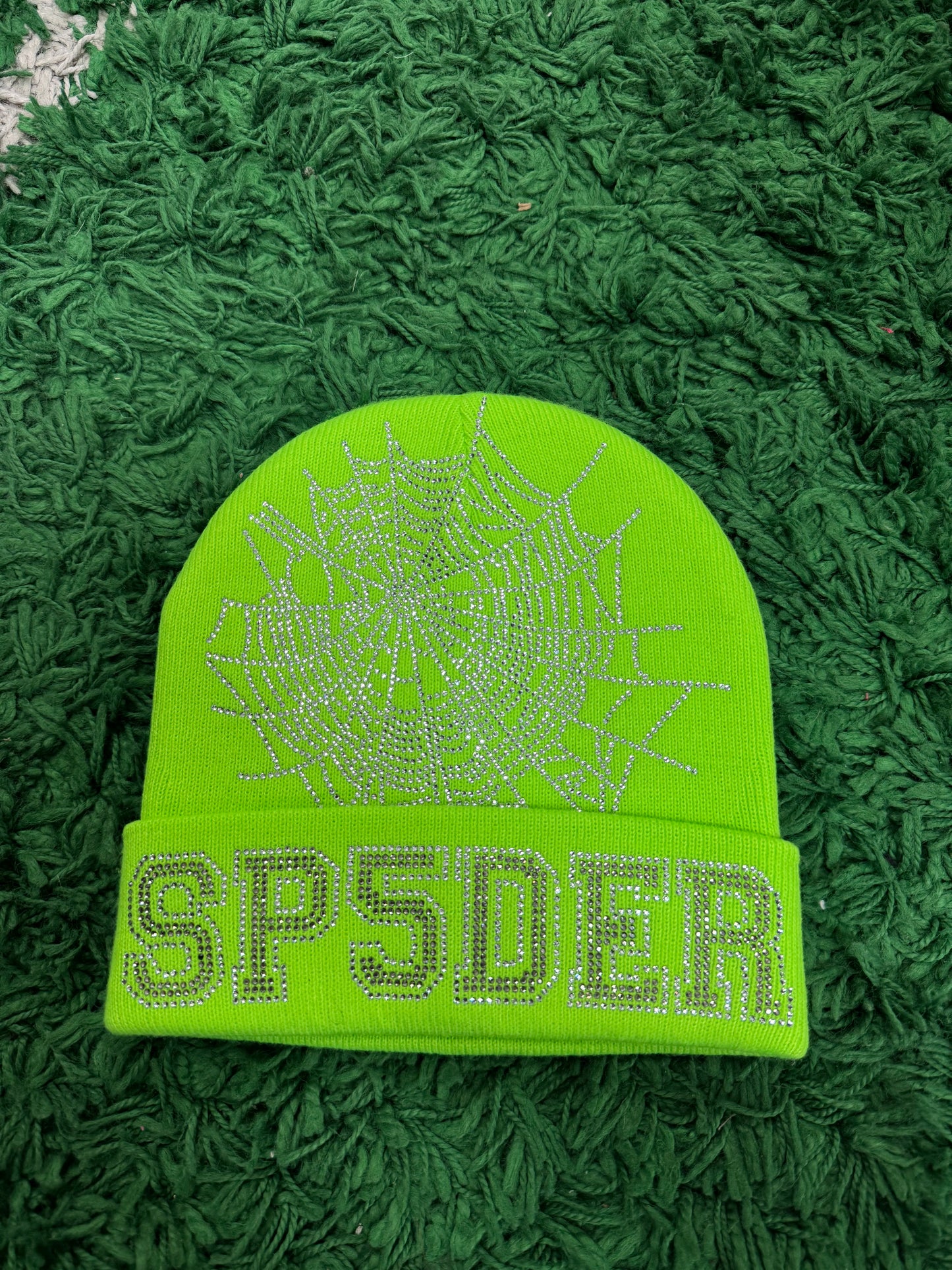 Sp5der Rhinestone Beanie Lime Used OS N/A