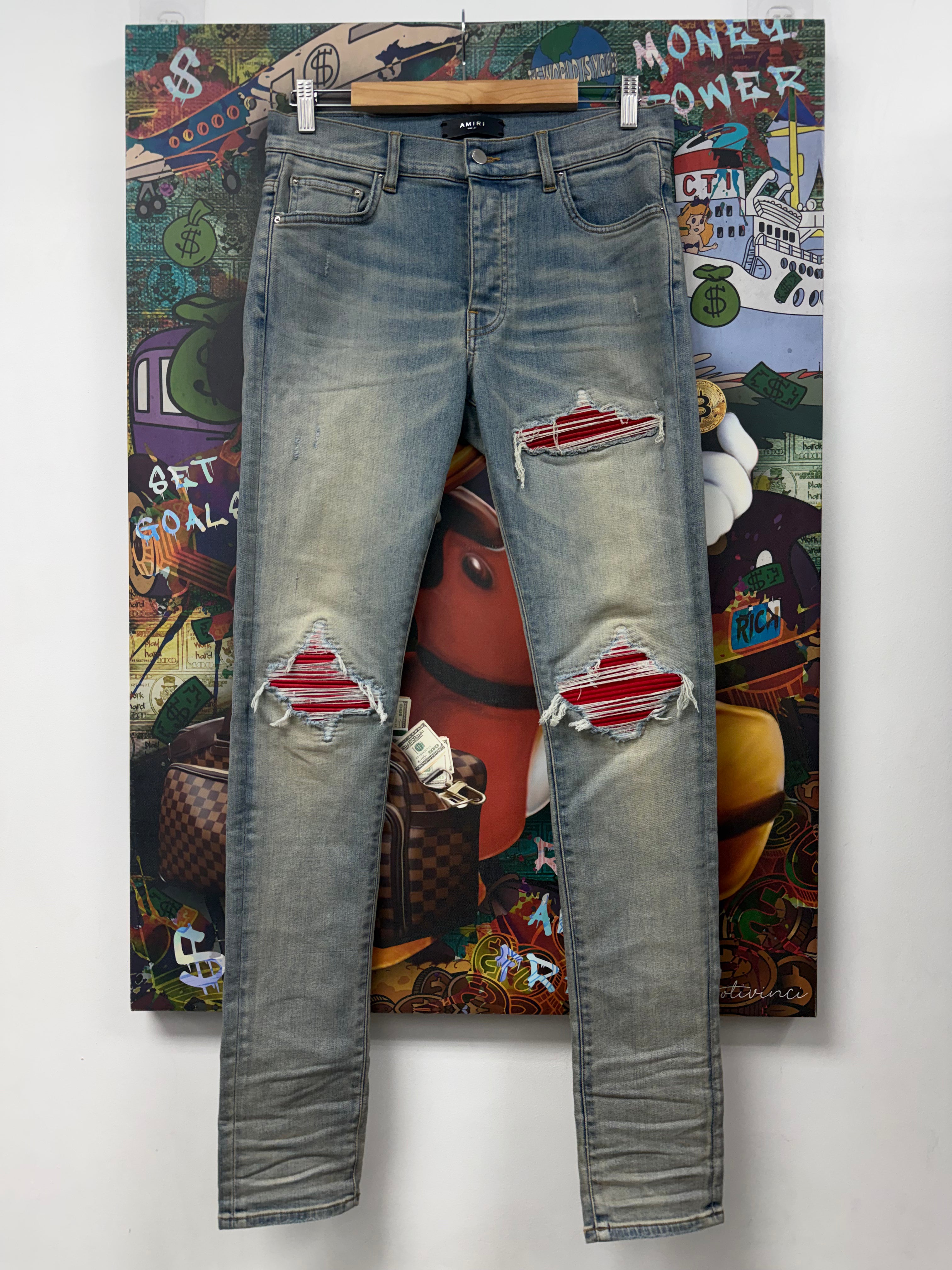 Amiri MX1 Light Wash Red Suede Patch Jeans
