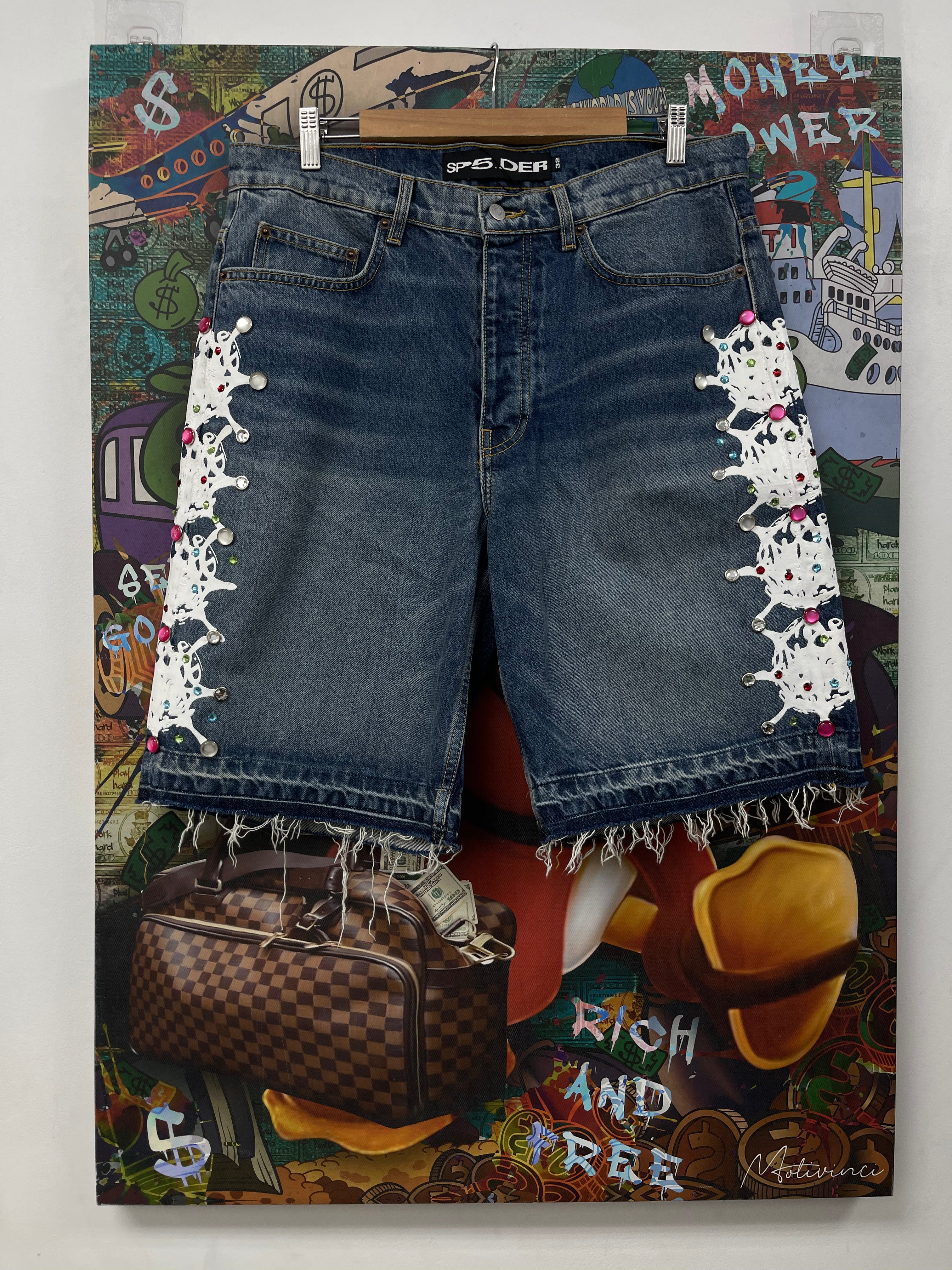 Sp5der Gem Stud Jean Shorts