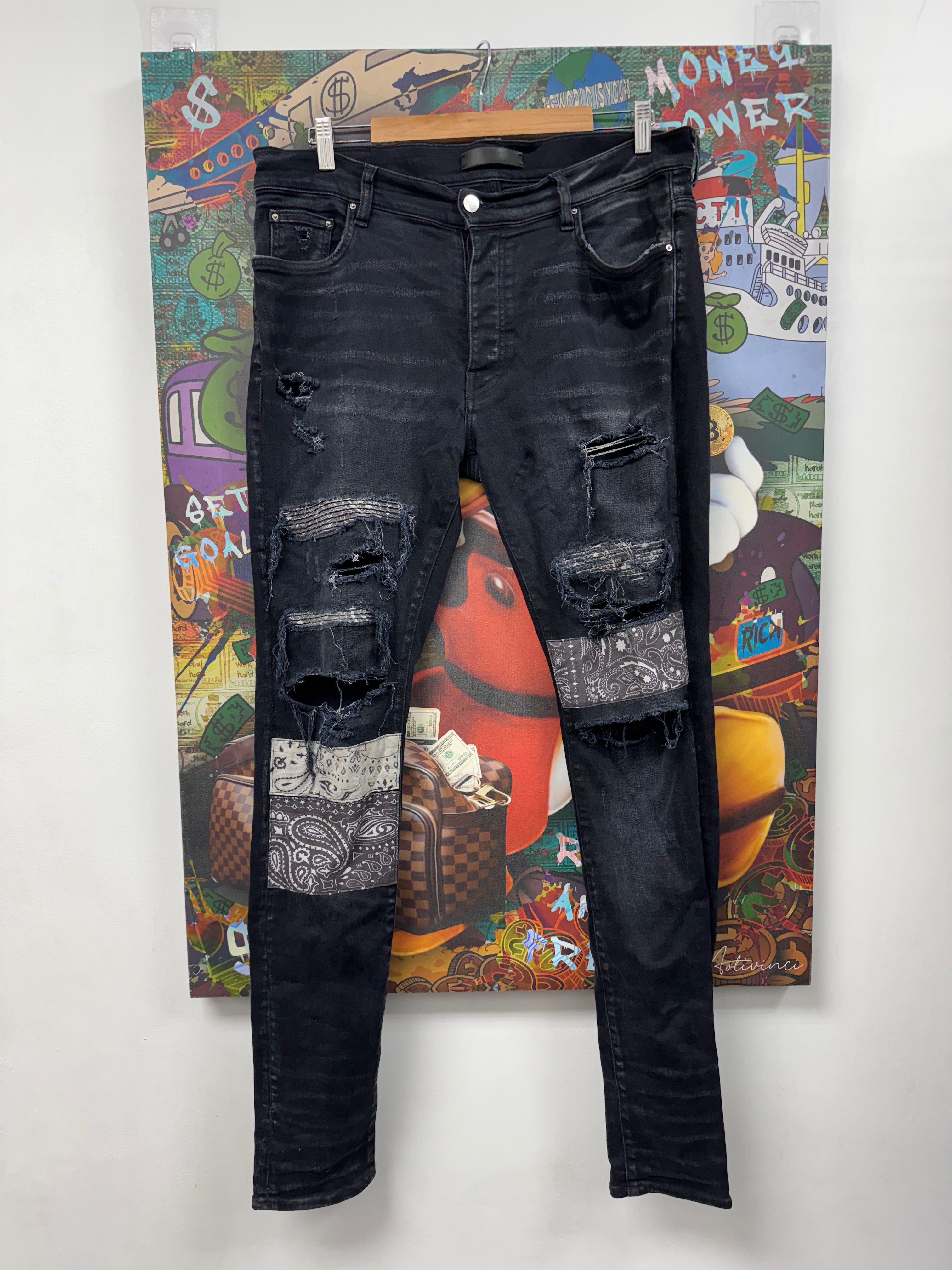 Amiri Black Wash Paisley Patchwork Jeans