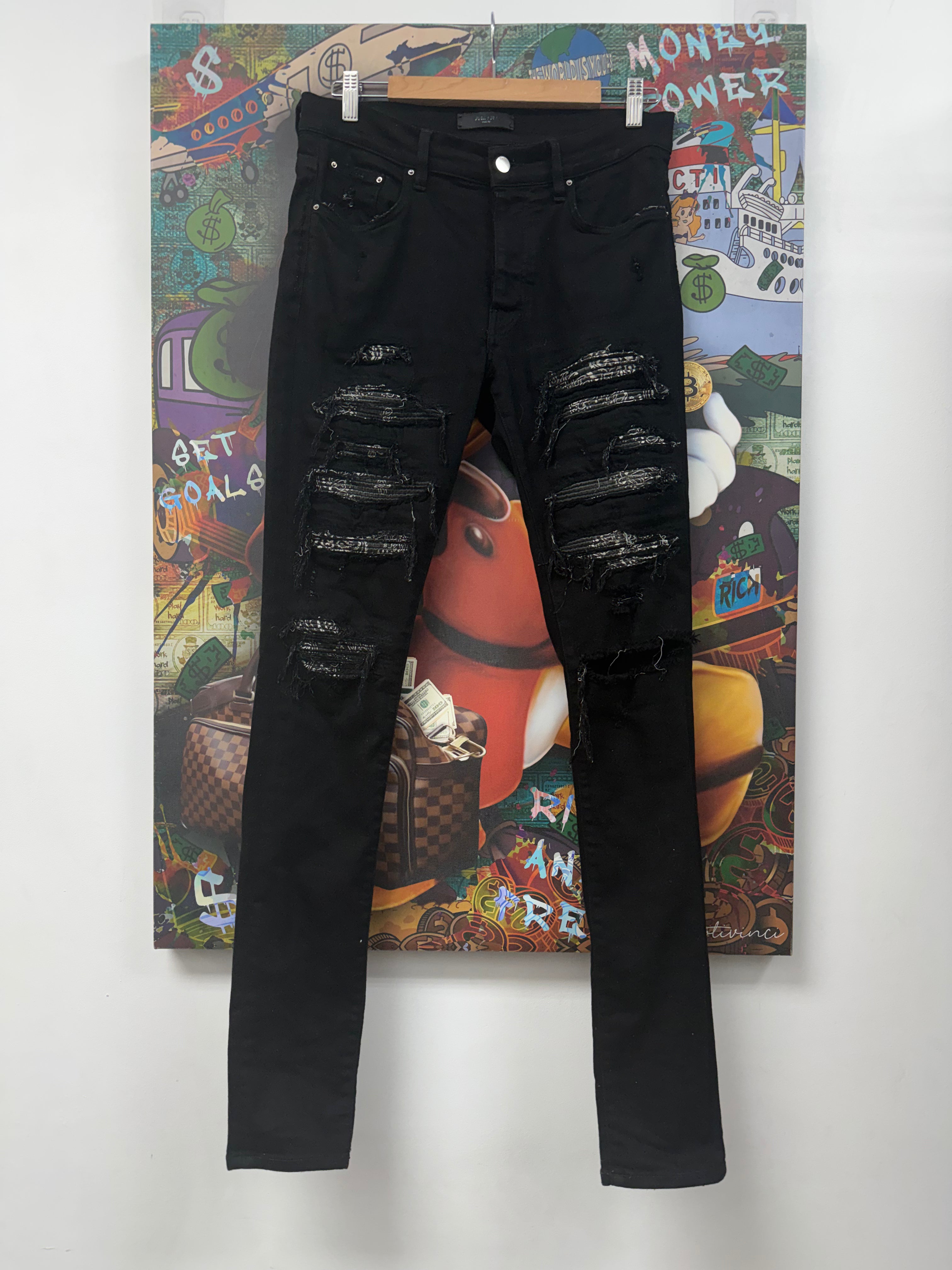 Amiri Black Paisley Thrasher Patch Jeans