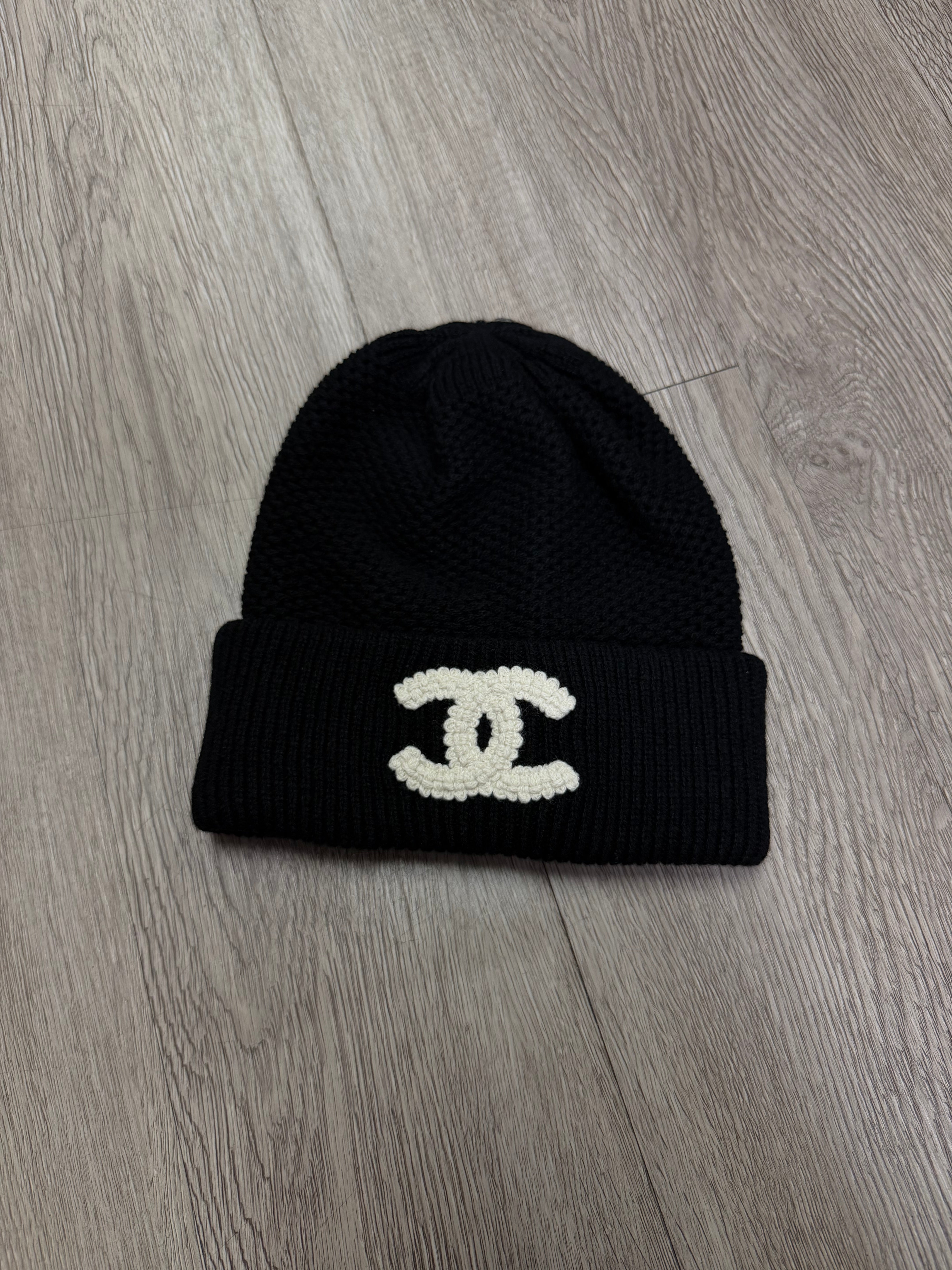Chanel Black Cream Knit Beanie
