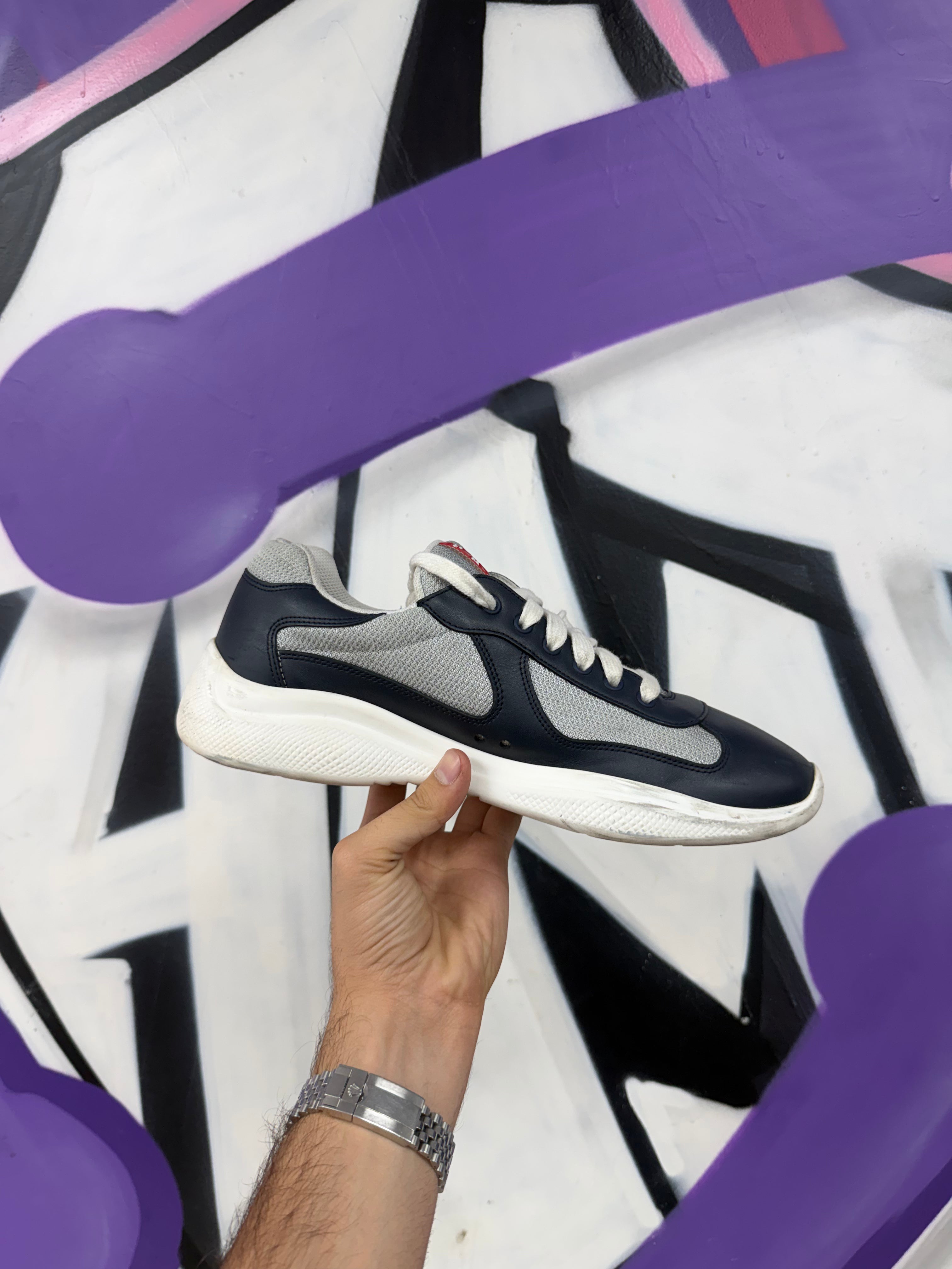 Prada Navy Leather Cups Sneakers