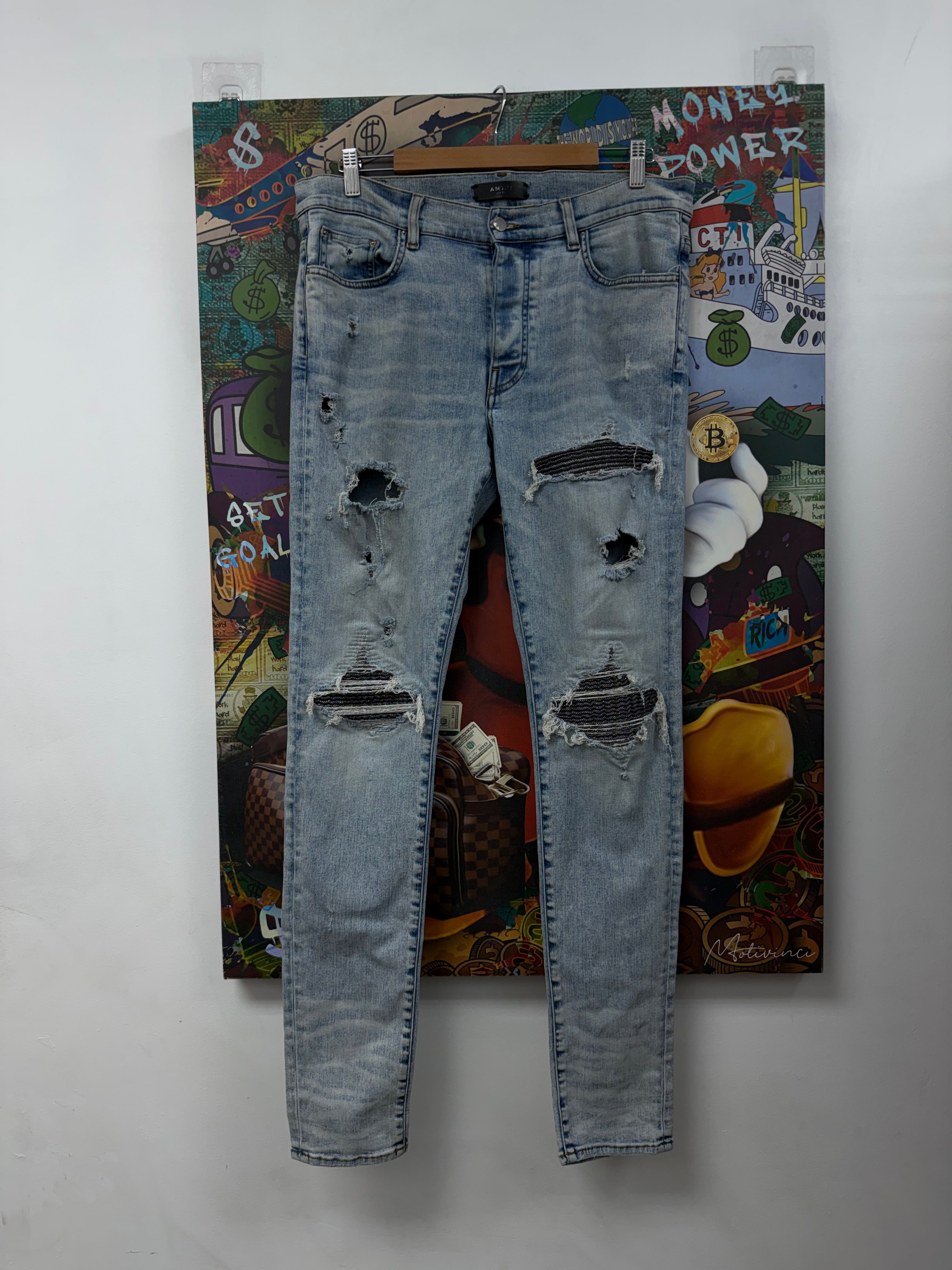 Amiri MX1 Light Wash Iridescent Patch Jeans