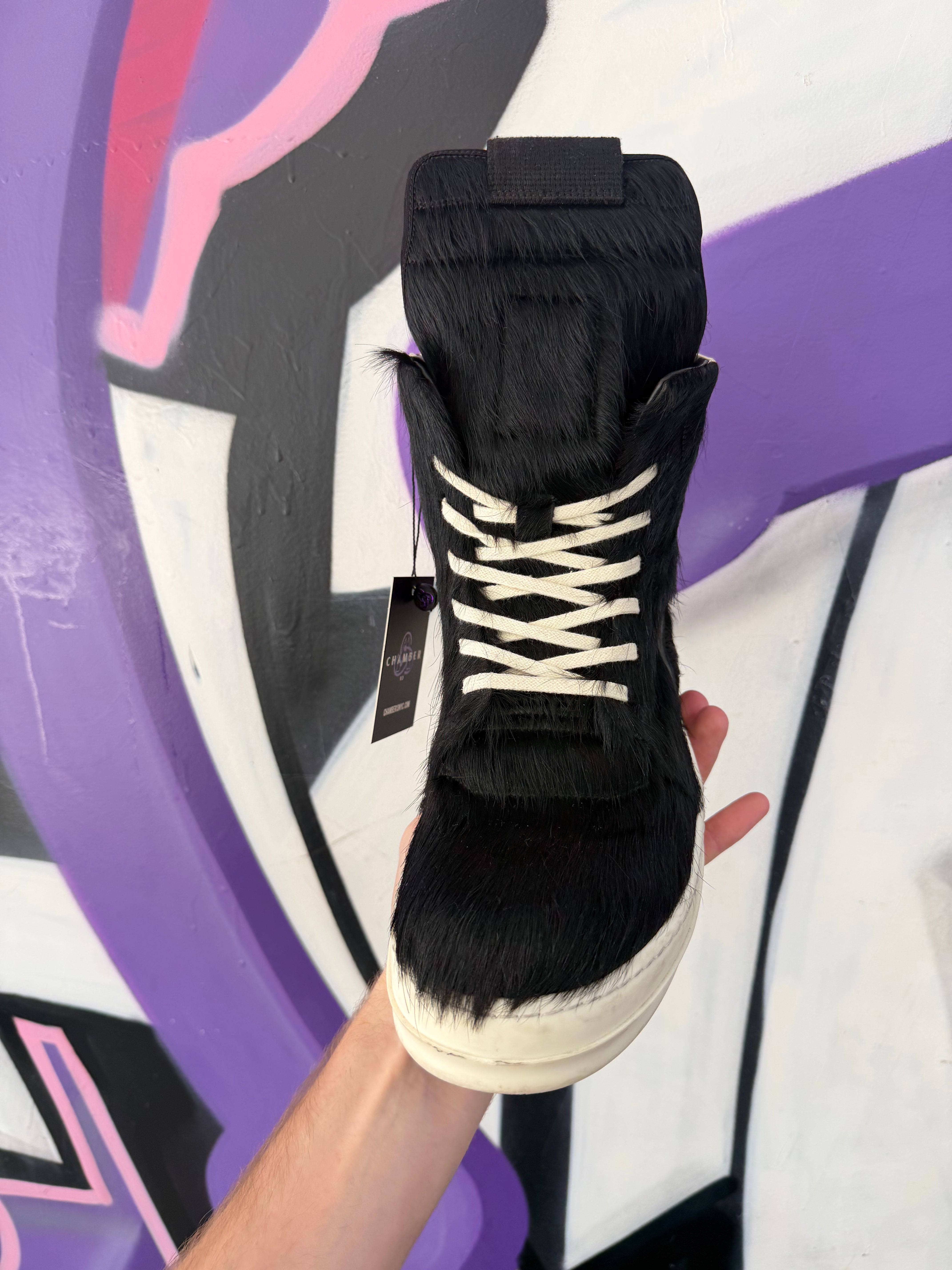 Rick Owens Black Ponyhair Geobasket Sneakers