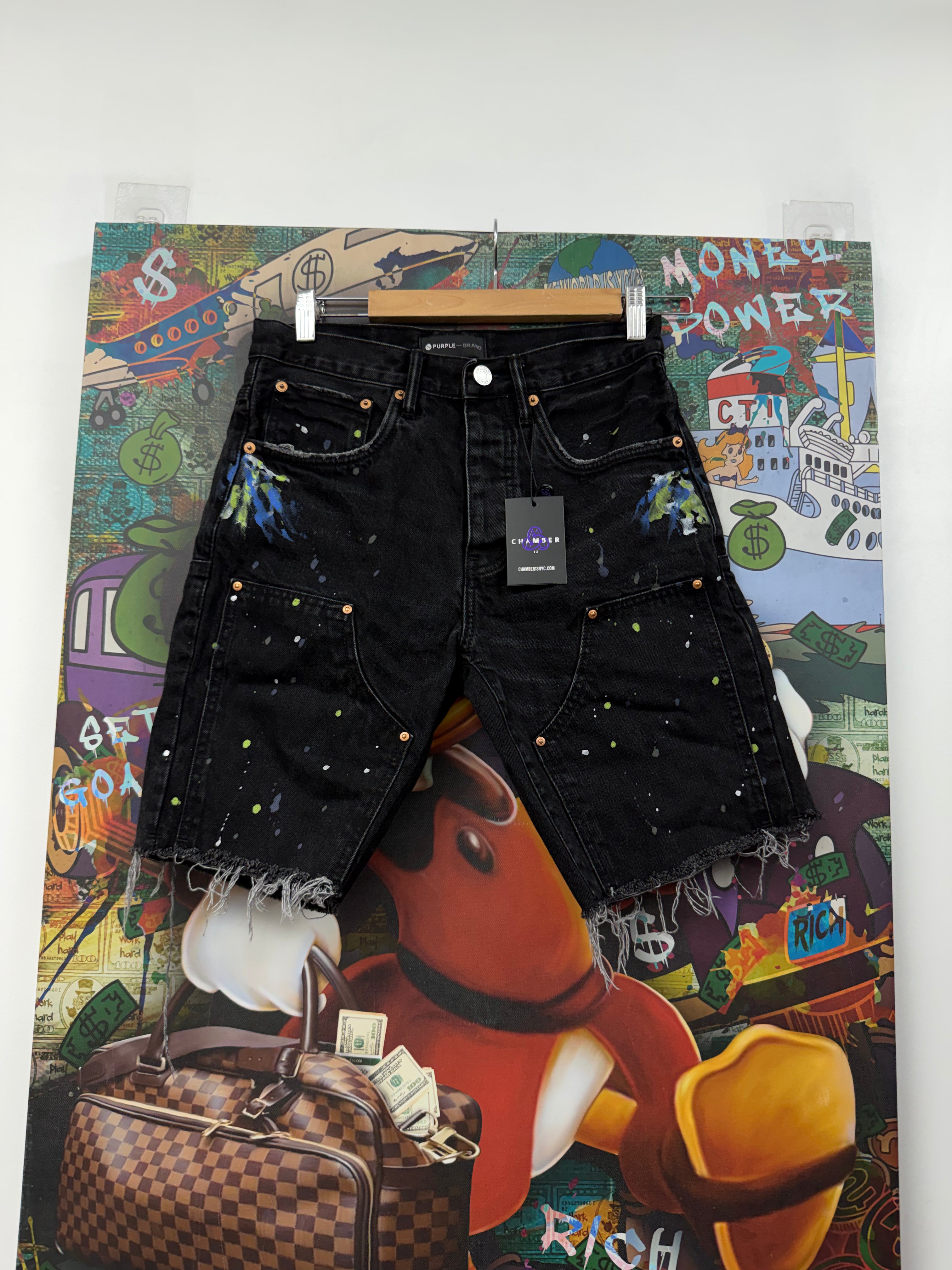 Purple Brand Black Paint Splatter Shorts