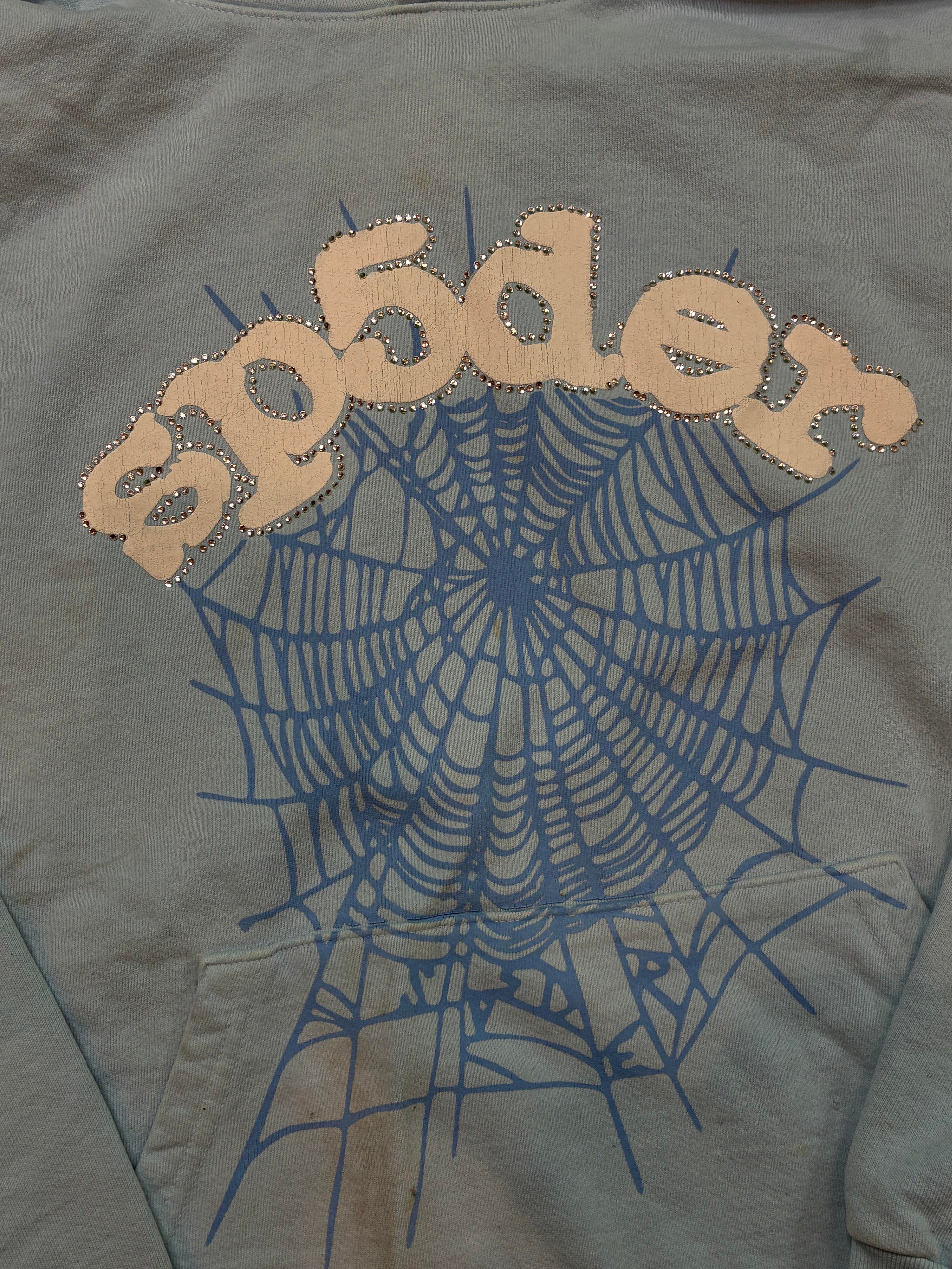 Sp5der Grey Blue Rhinestone Hoodie