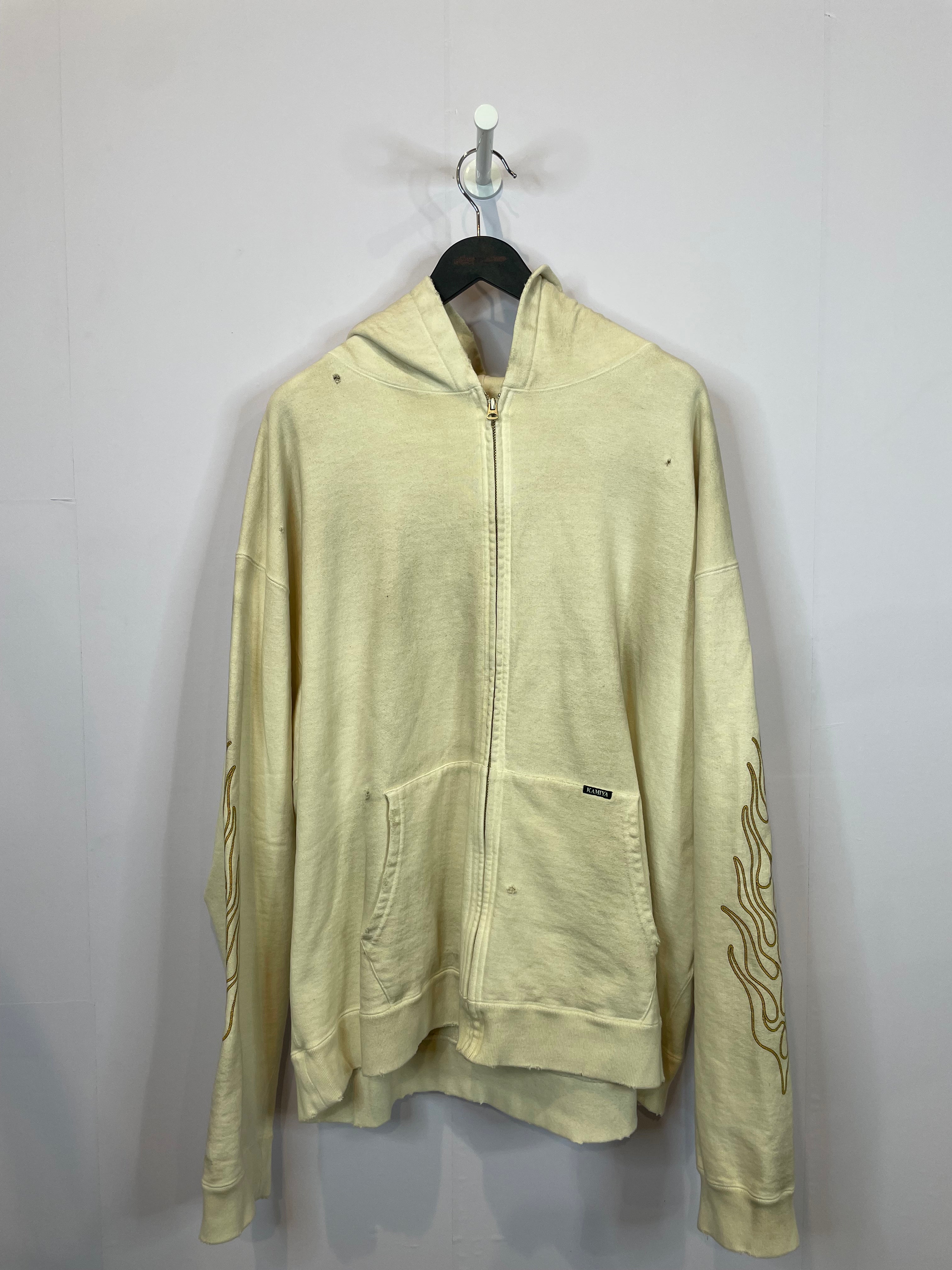KAMIYA Distressed Flames Zip Up Beige Used XL