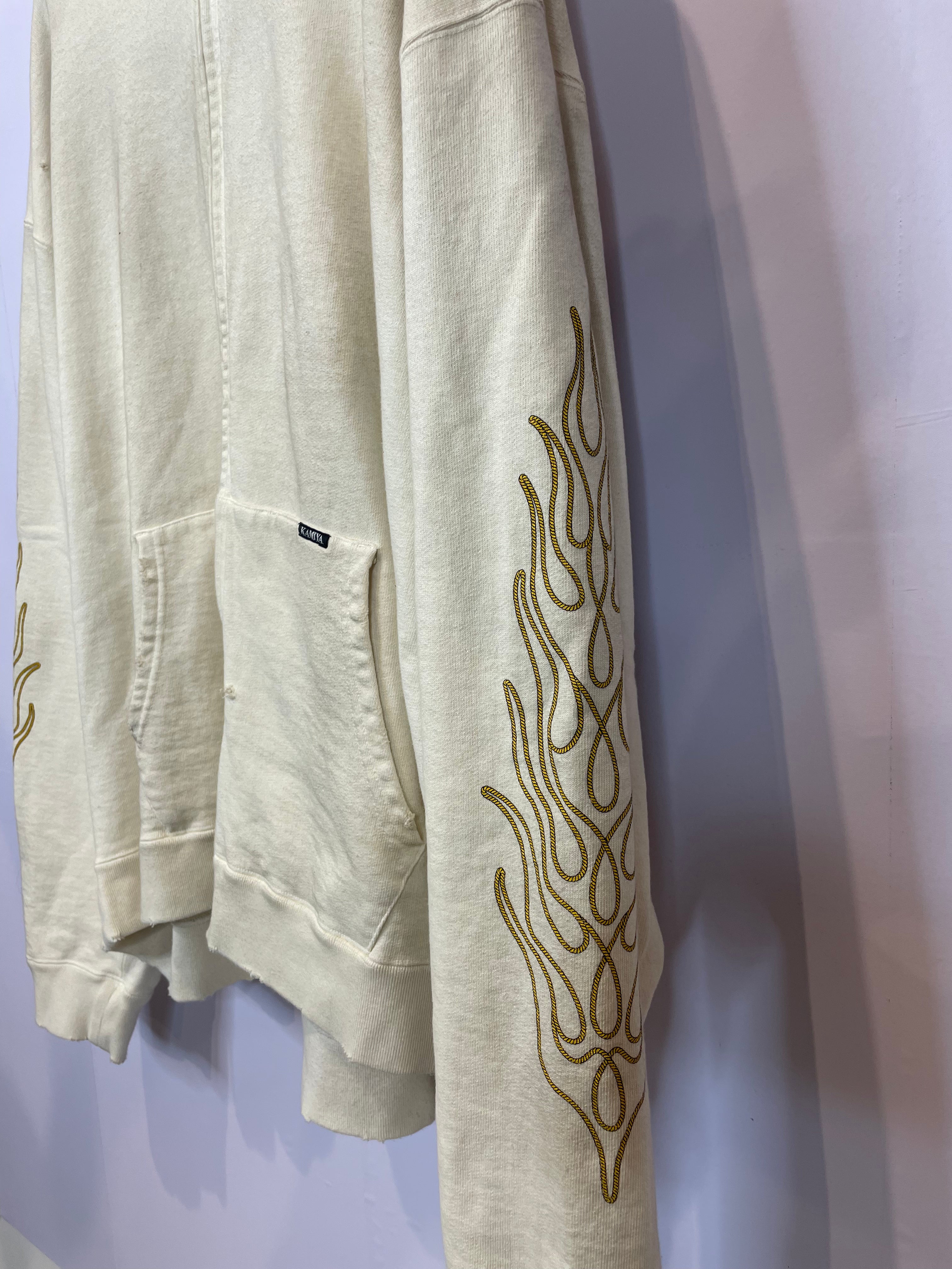 KAMIYA Distressed Flames Zip Up Beige Used XL
