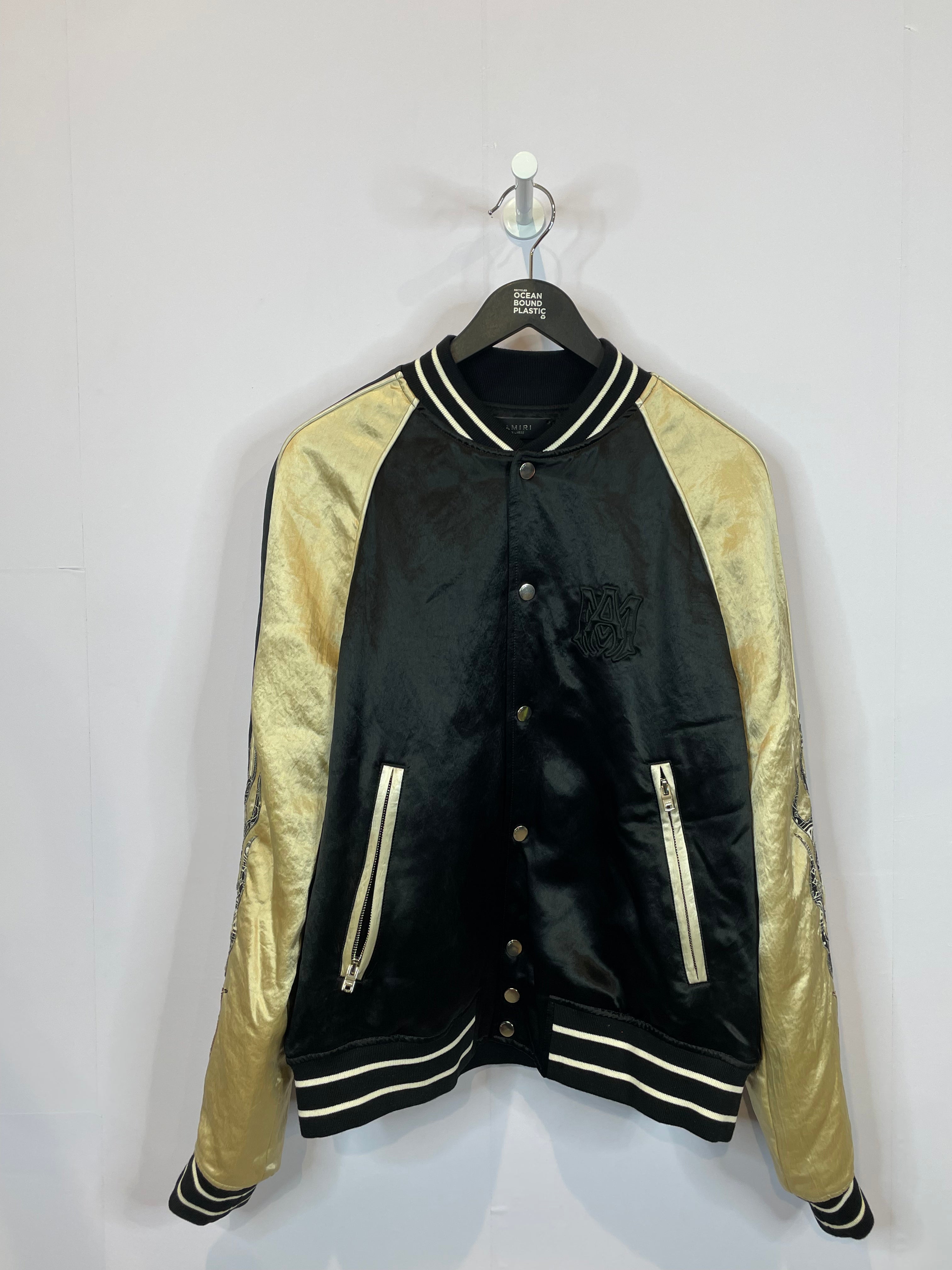 Amiri Varsity Silk Black Cream Brown Flames Old English Used XL