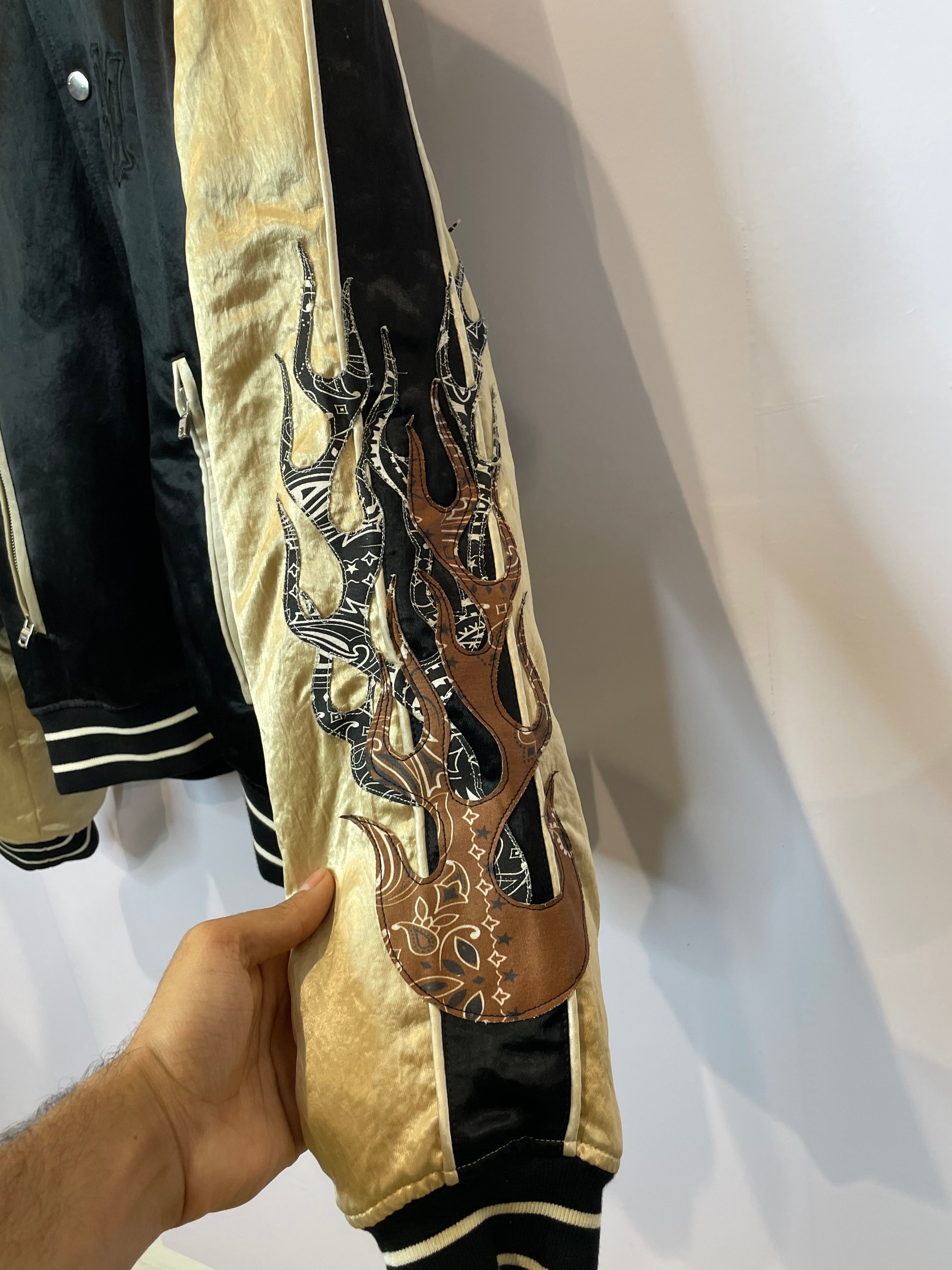 Amiri Varsity Silk Black Cream Brown Flames Old English Used XL