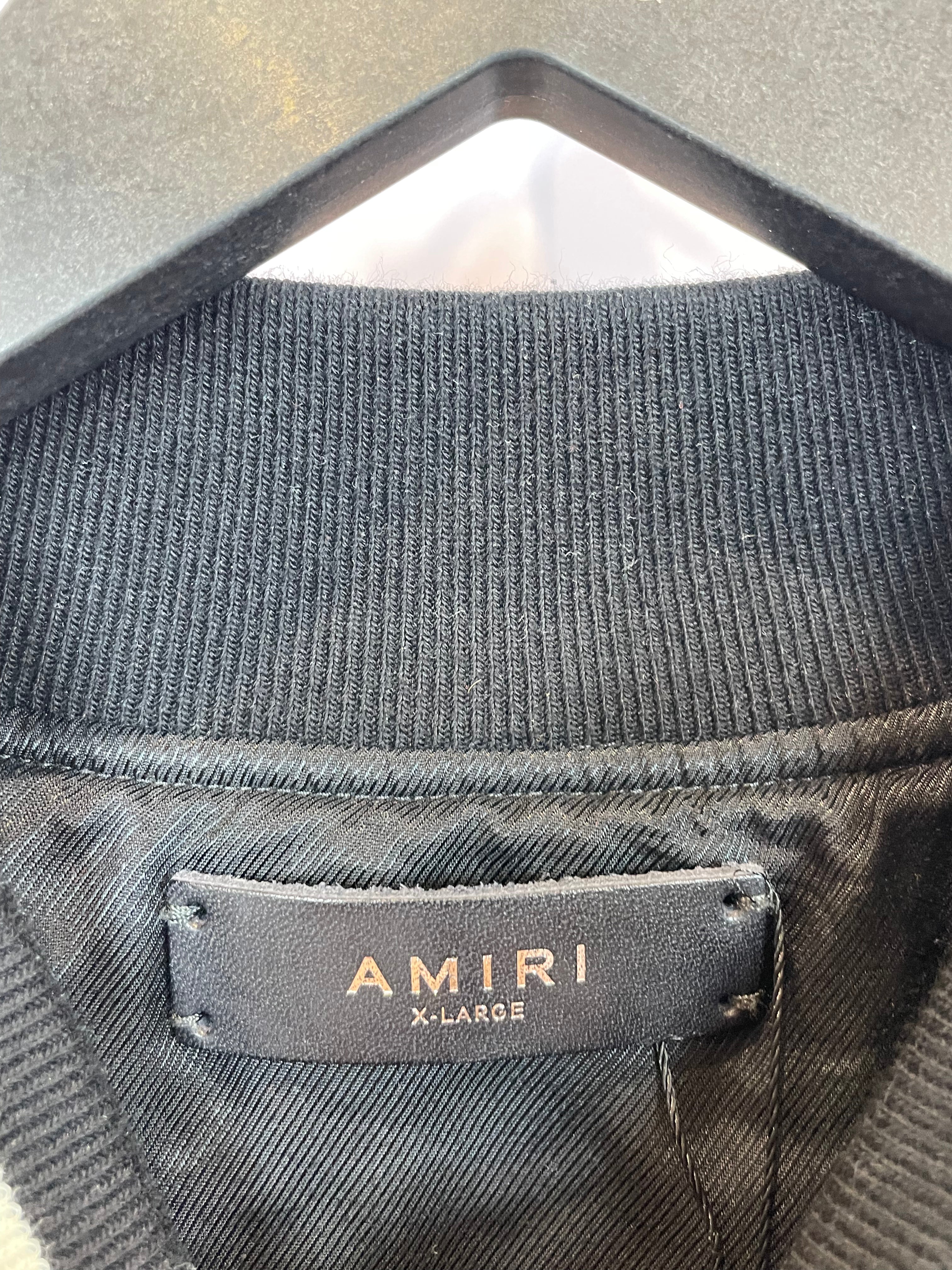 Amiri Varsity Silk Black Cream Brown Flames Old English Used XL