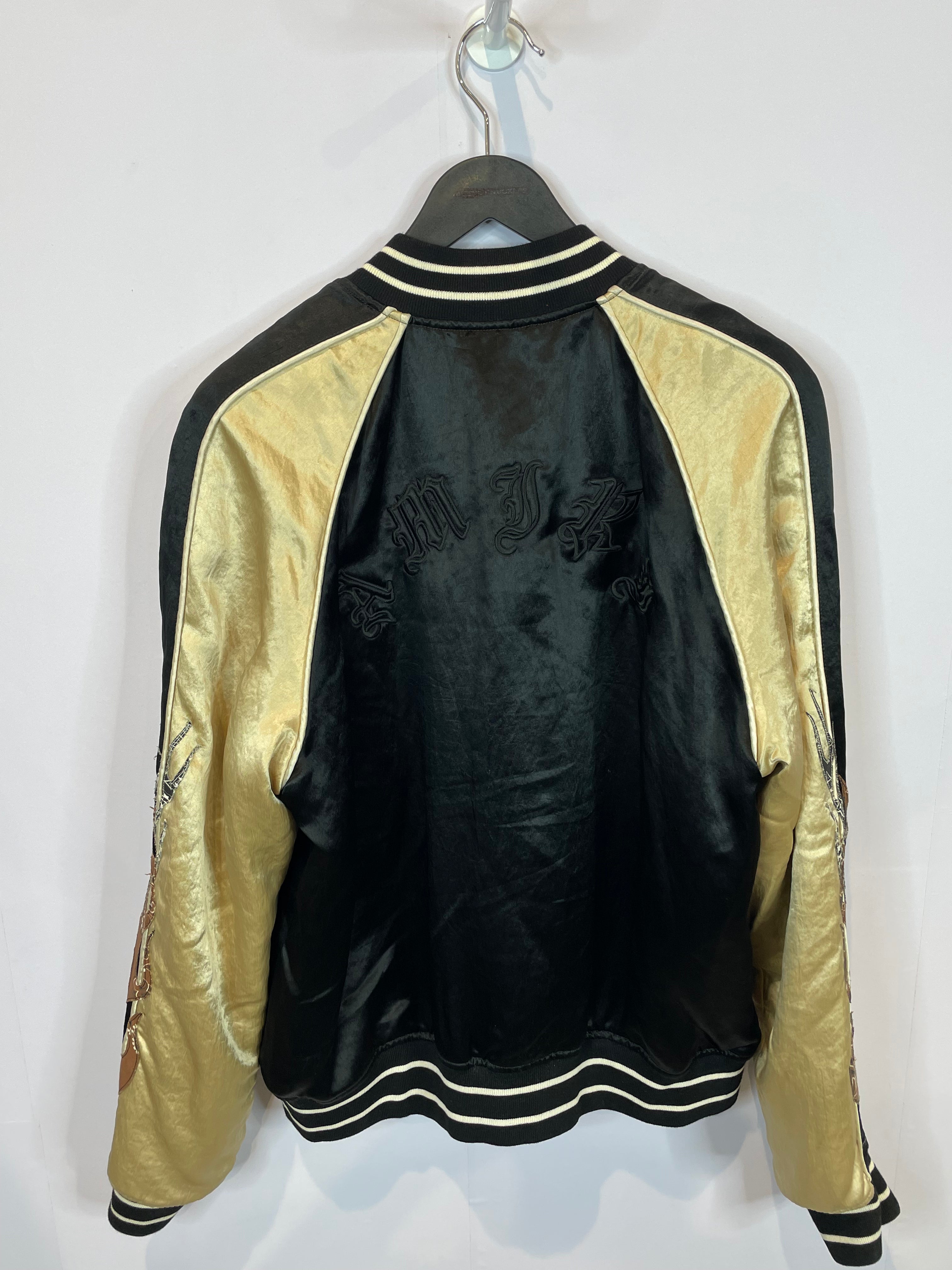 Amiri Varsity Silk Black Cream Brown Flames Old English Used XL