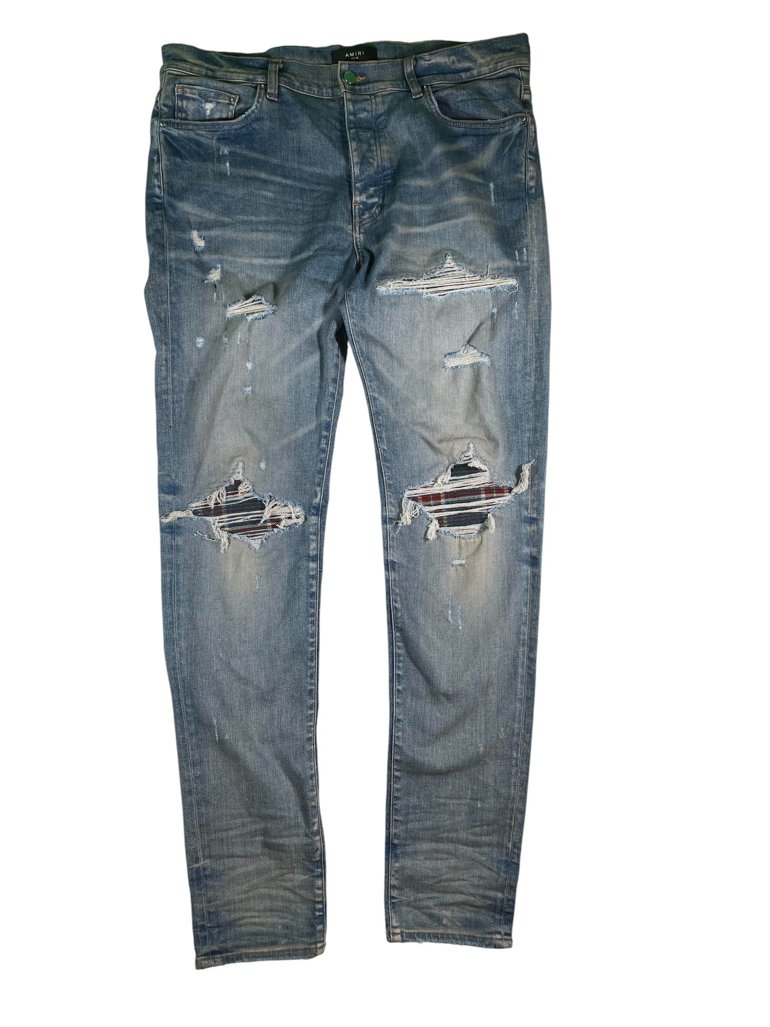 Amiri MX1 Plaid Patch Burgundy & Navy Cream Light Wash Jeans