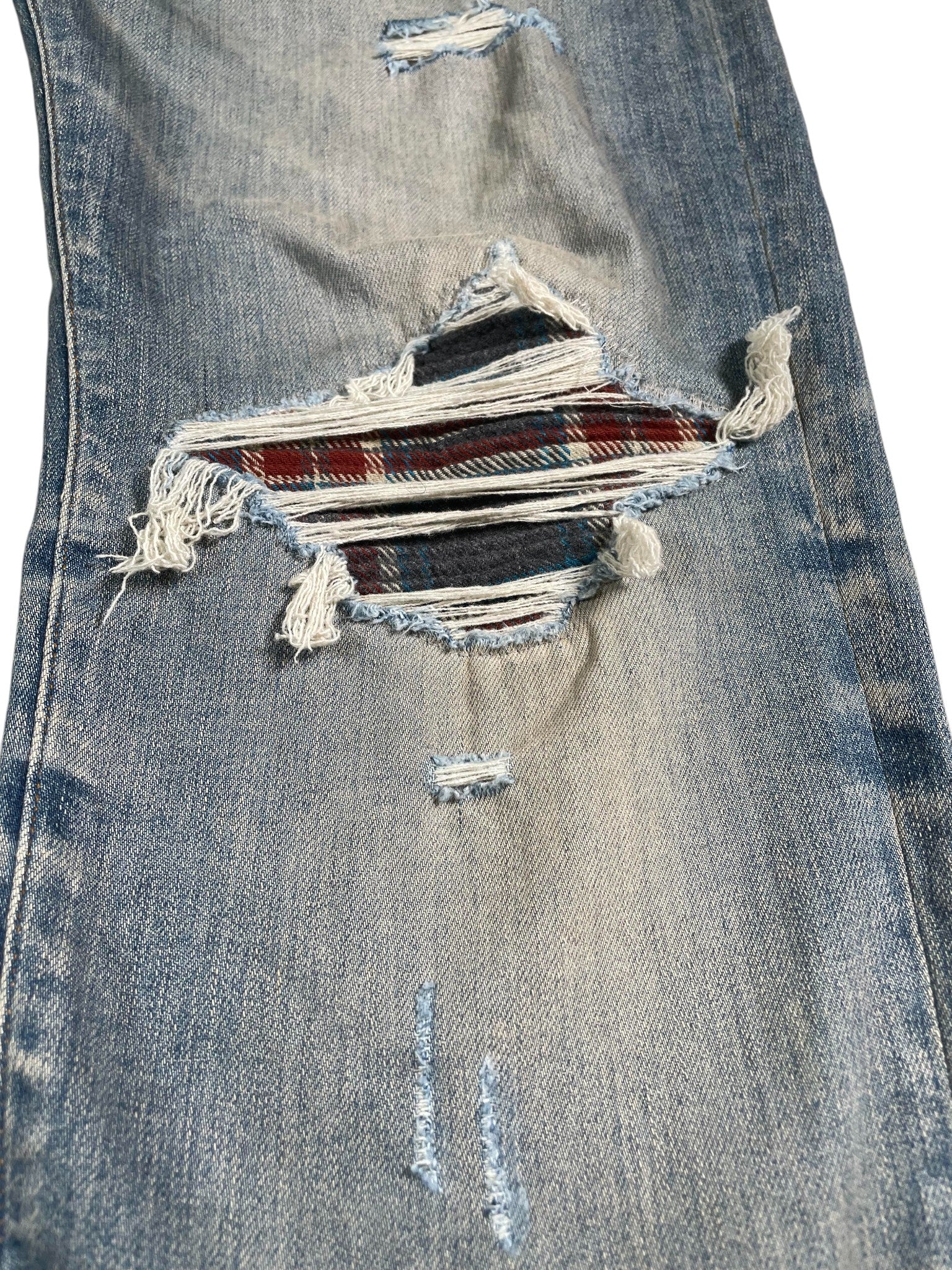 Amiri MX1 Plaid Patch Burgundy & Navy Cream Light Wash Jeans