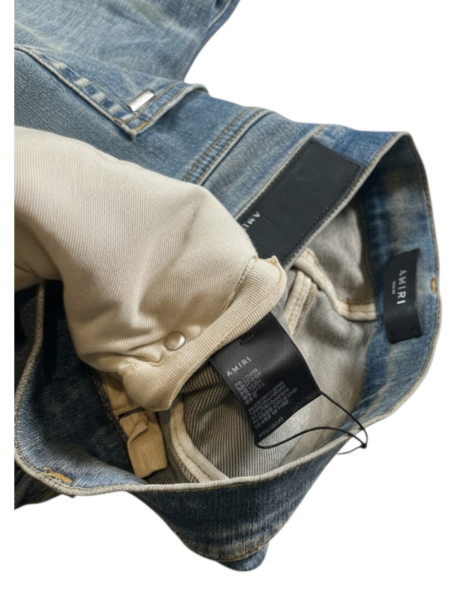 Amiri MX1 Plaid Patch Burgundy & Navy Cream Light Wash Jeans