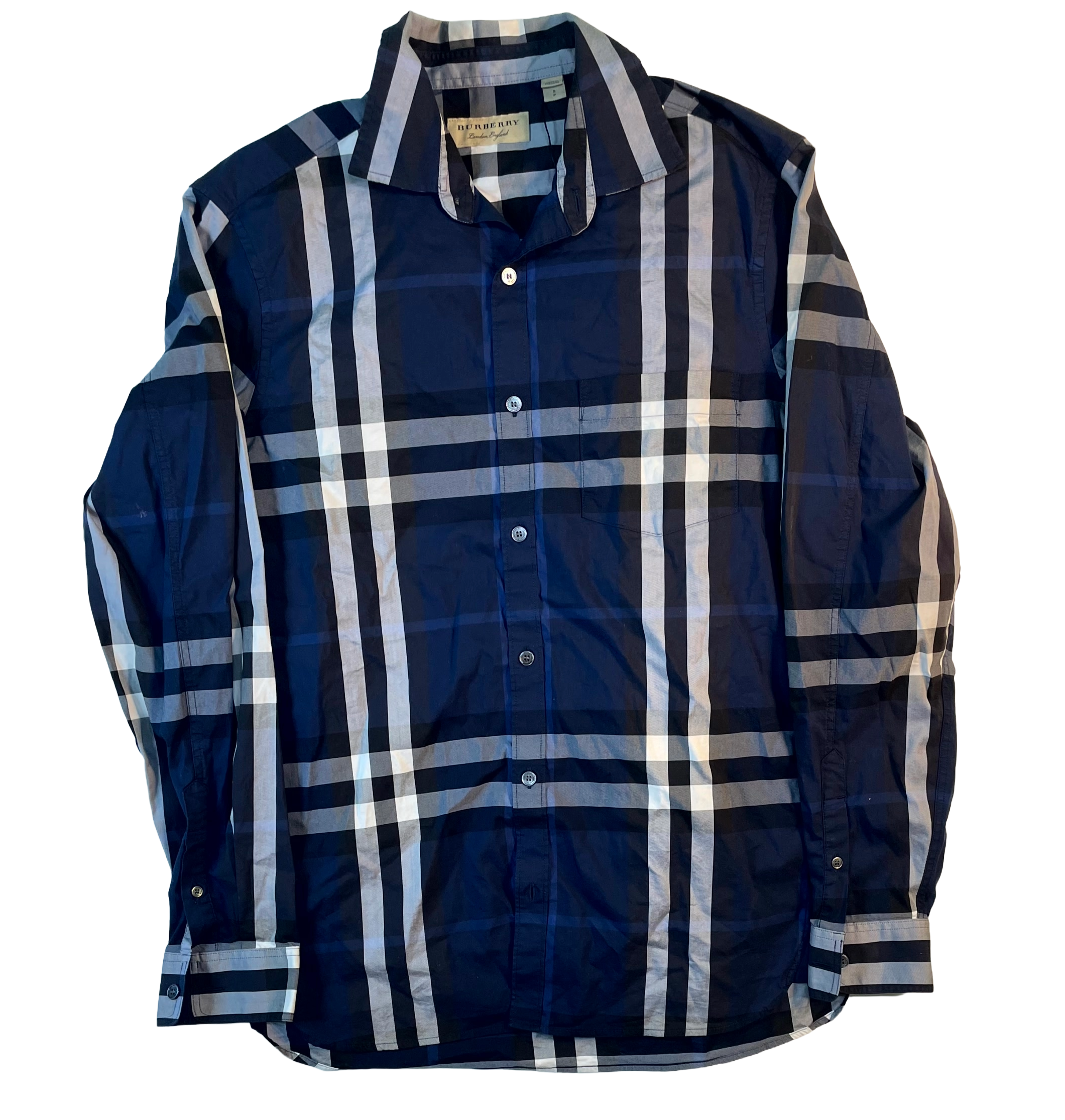 Burberry Plaid Pocket Button Up LS Blue Shirt