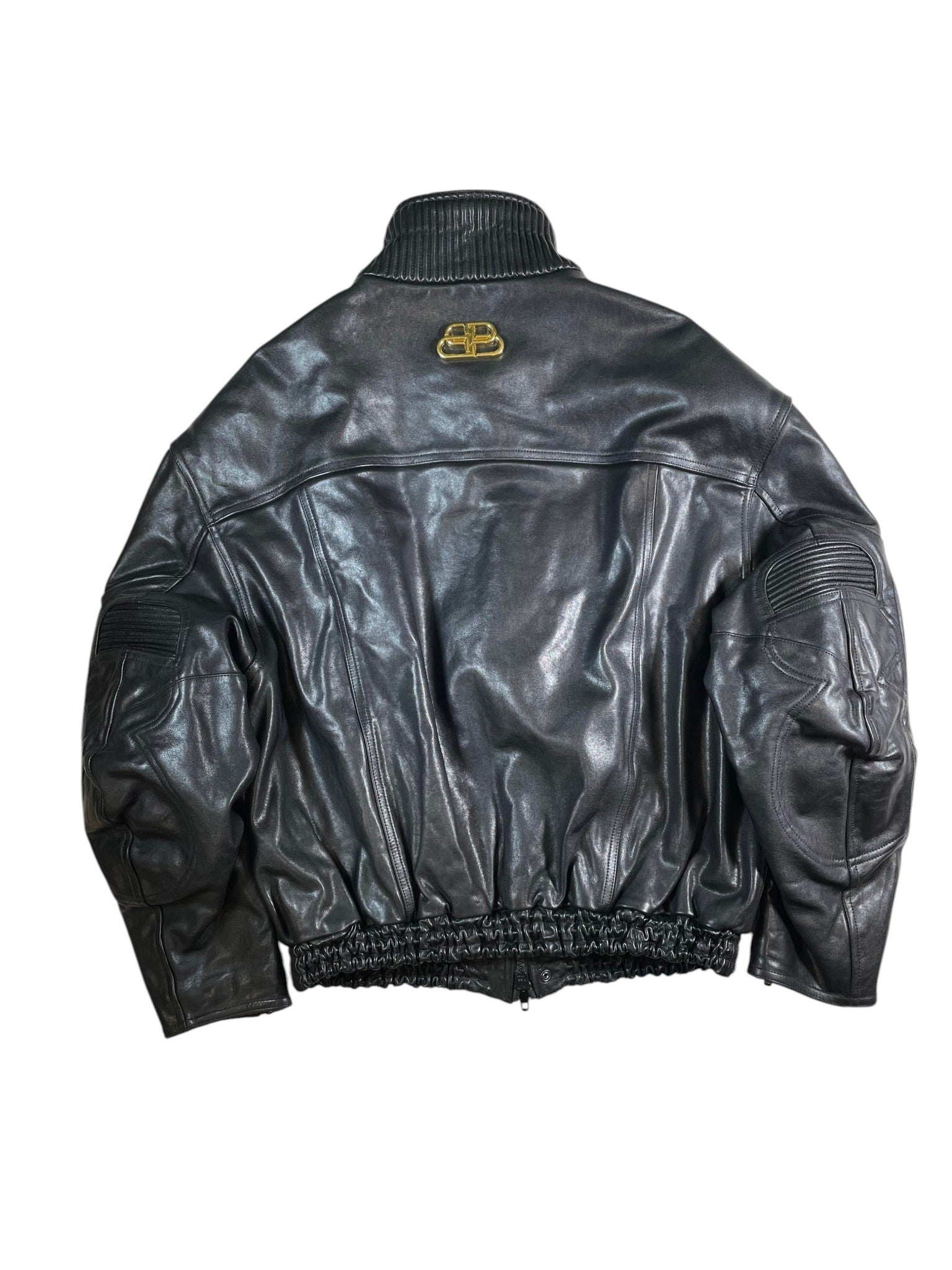 Balenciaga Interlock Gold Logo Biker Leather Bomber Jacket