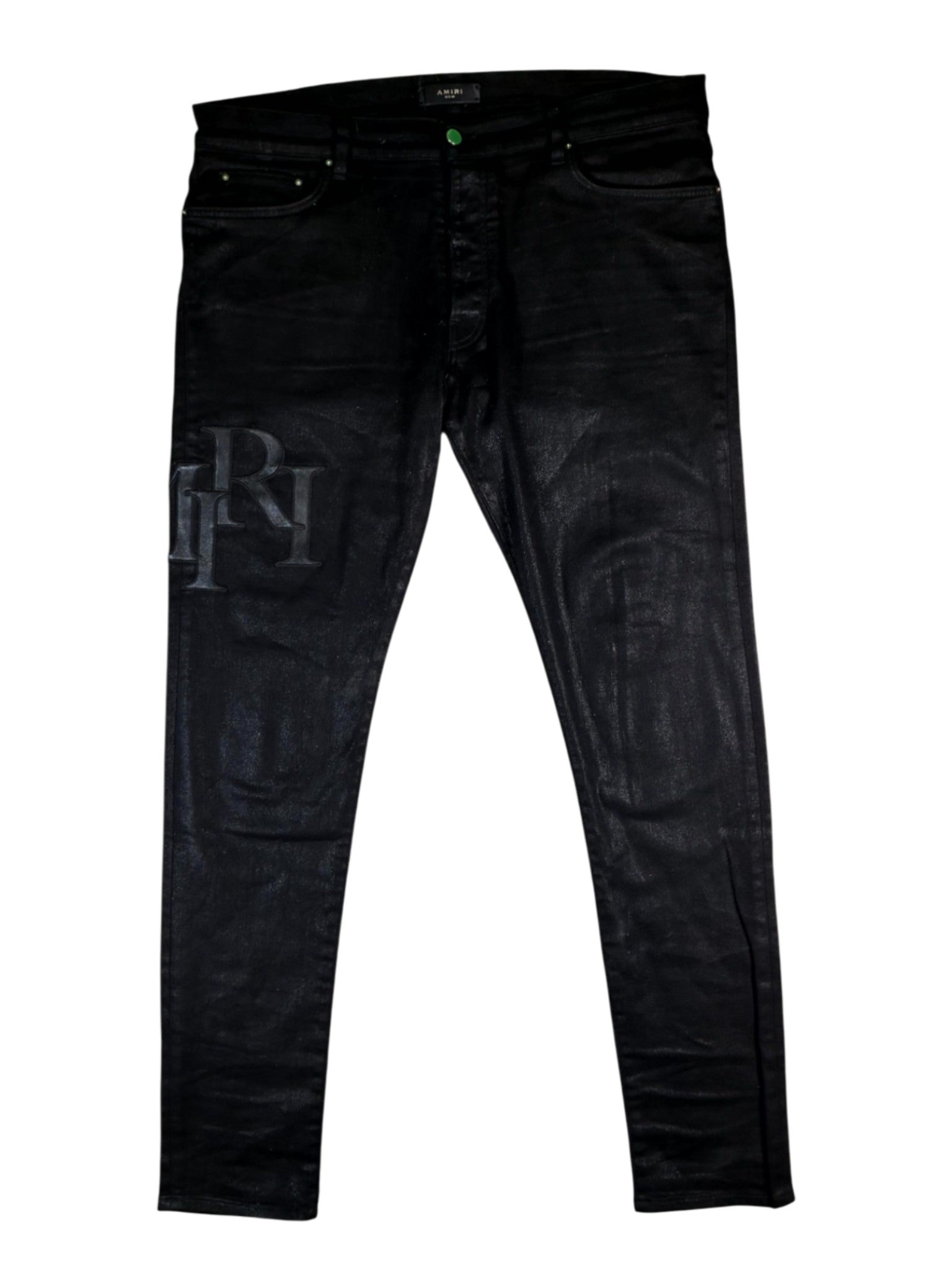 Amiri Wax Staggered Side Logo Black Jeans