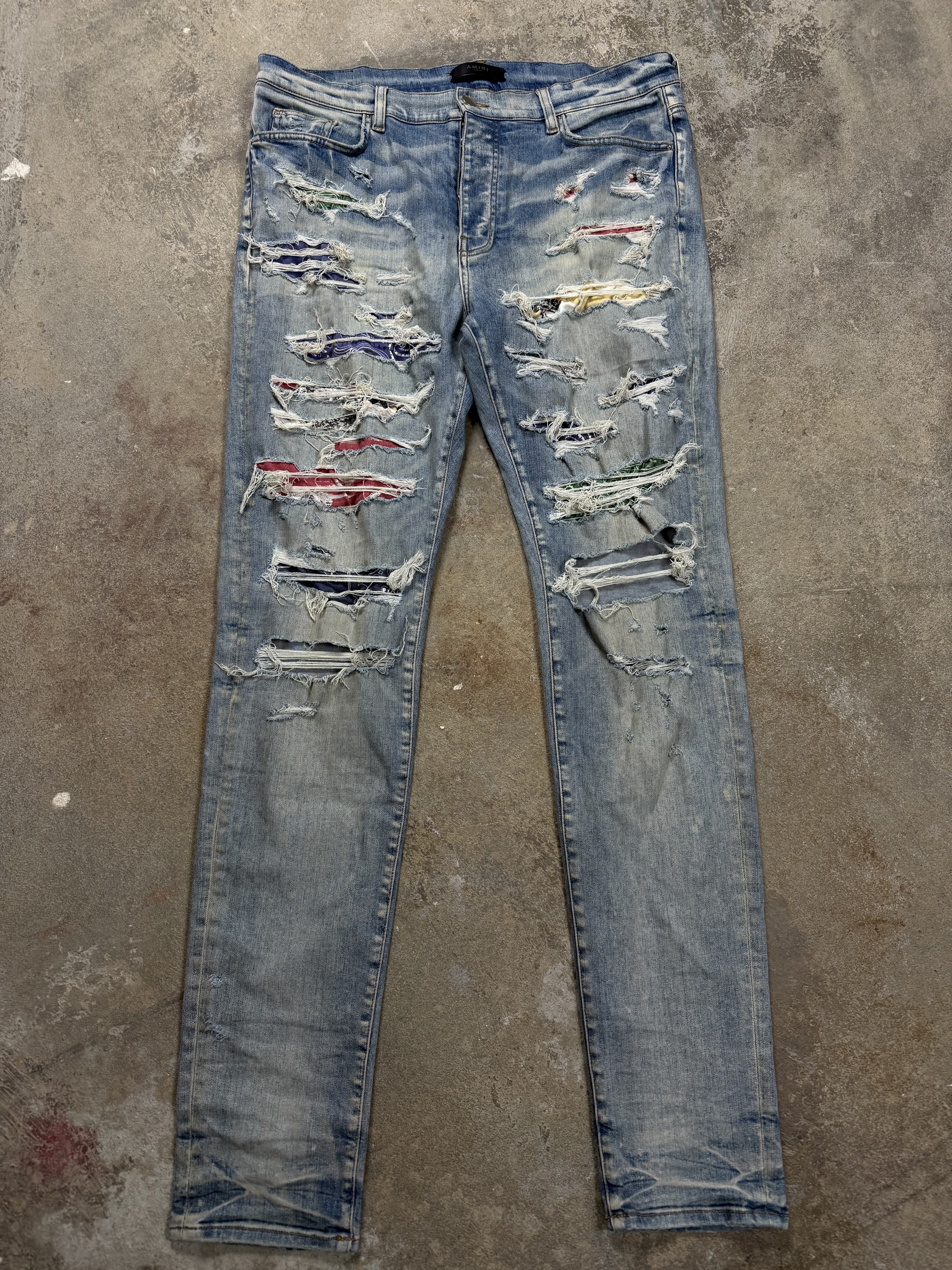 Amiri Jeans Thrasher Light Wash Rainbow Paisley Patch 38 Used