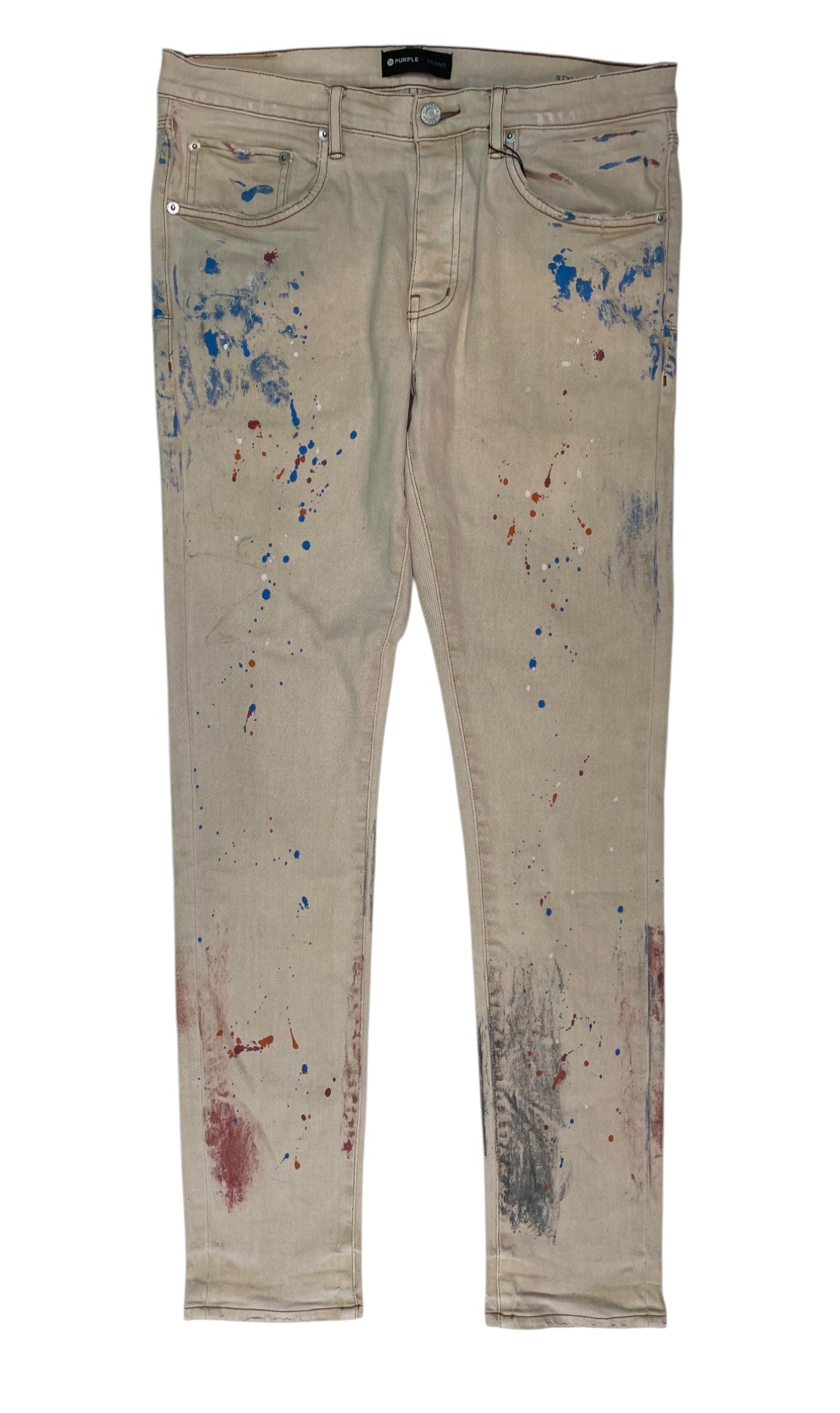 Purple Brand Paint Splatter Tan Jeans