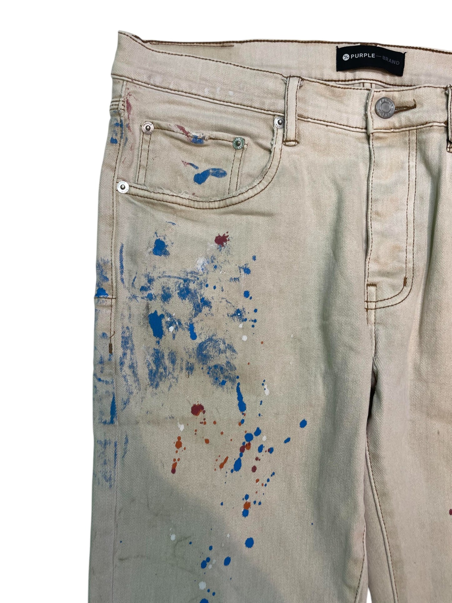 Purple Brand Paint Splatter Tan Jeans