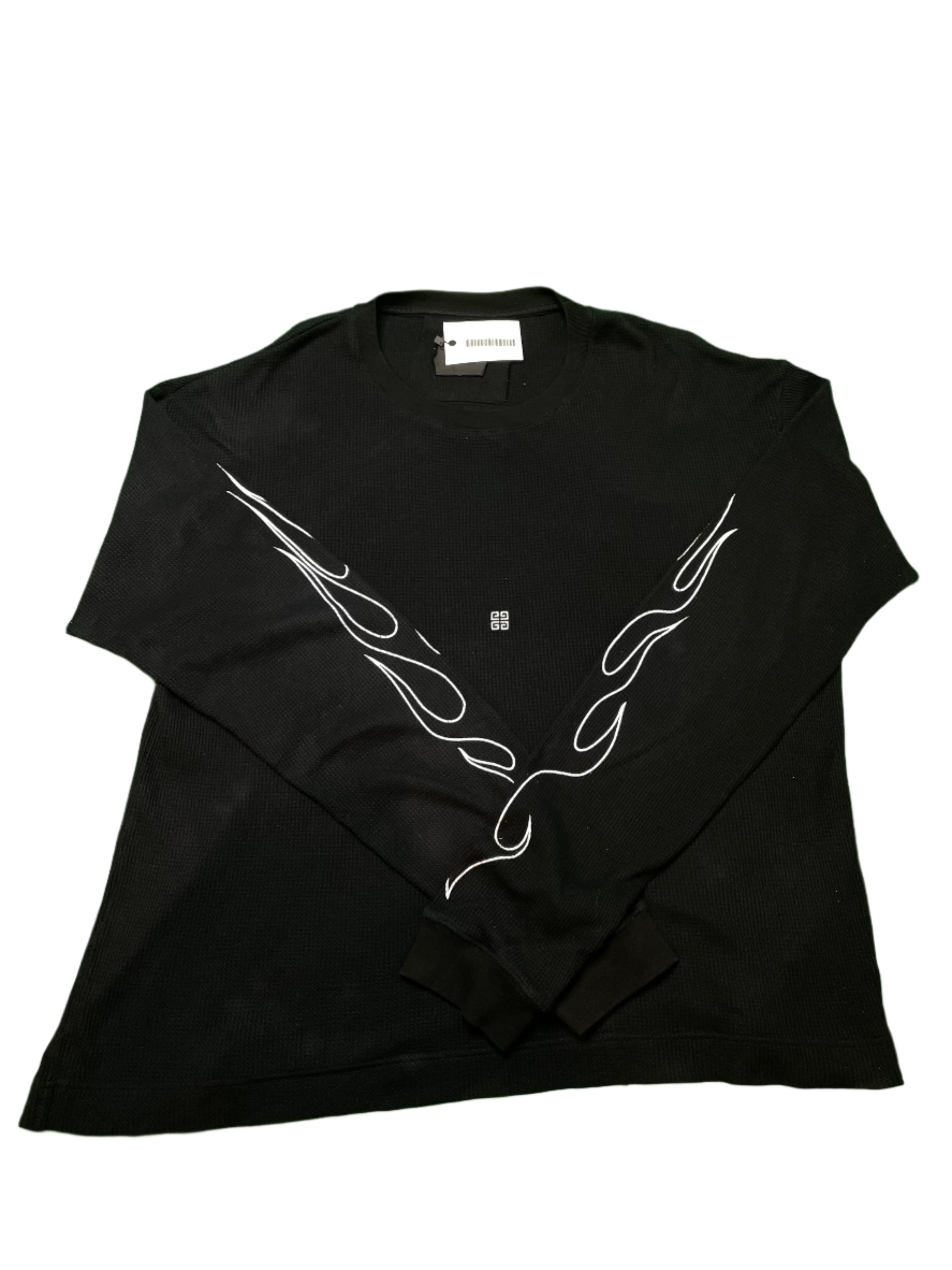 Givenchy White Flames Waffle Knit Thermal Black LS Tee