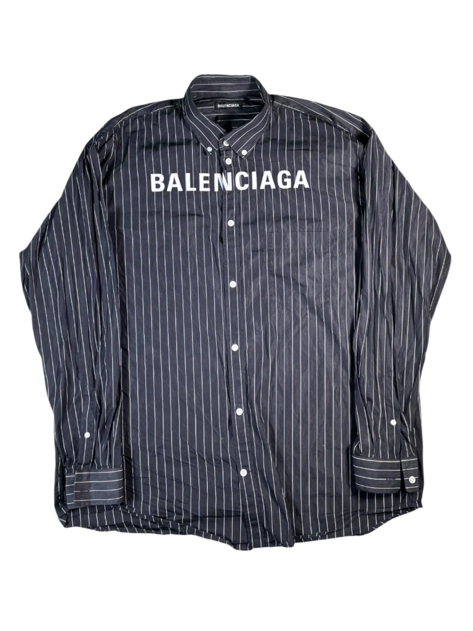 Balenciaga Pin Stripe Chest Logo Button Up Black Shirt