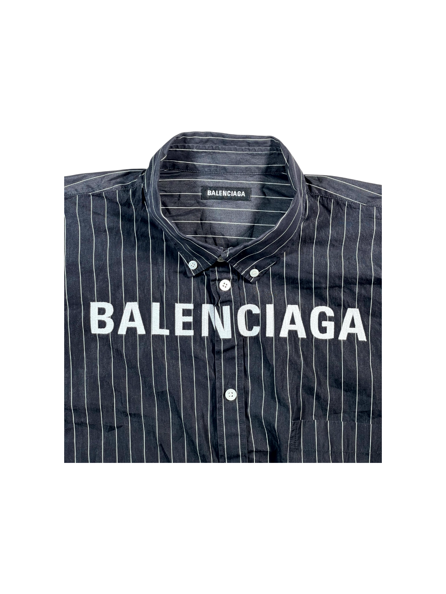 Balenciaga Pin Stripe Chest Logo Button Up Black Shirt