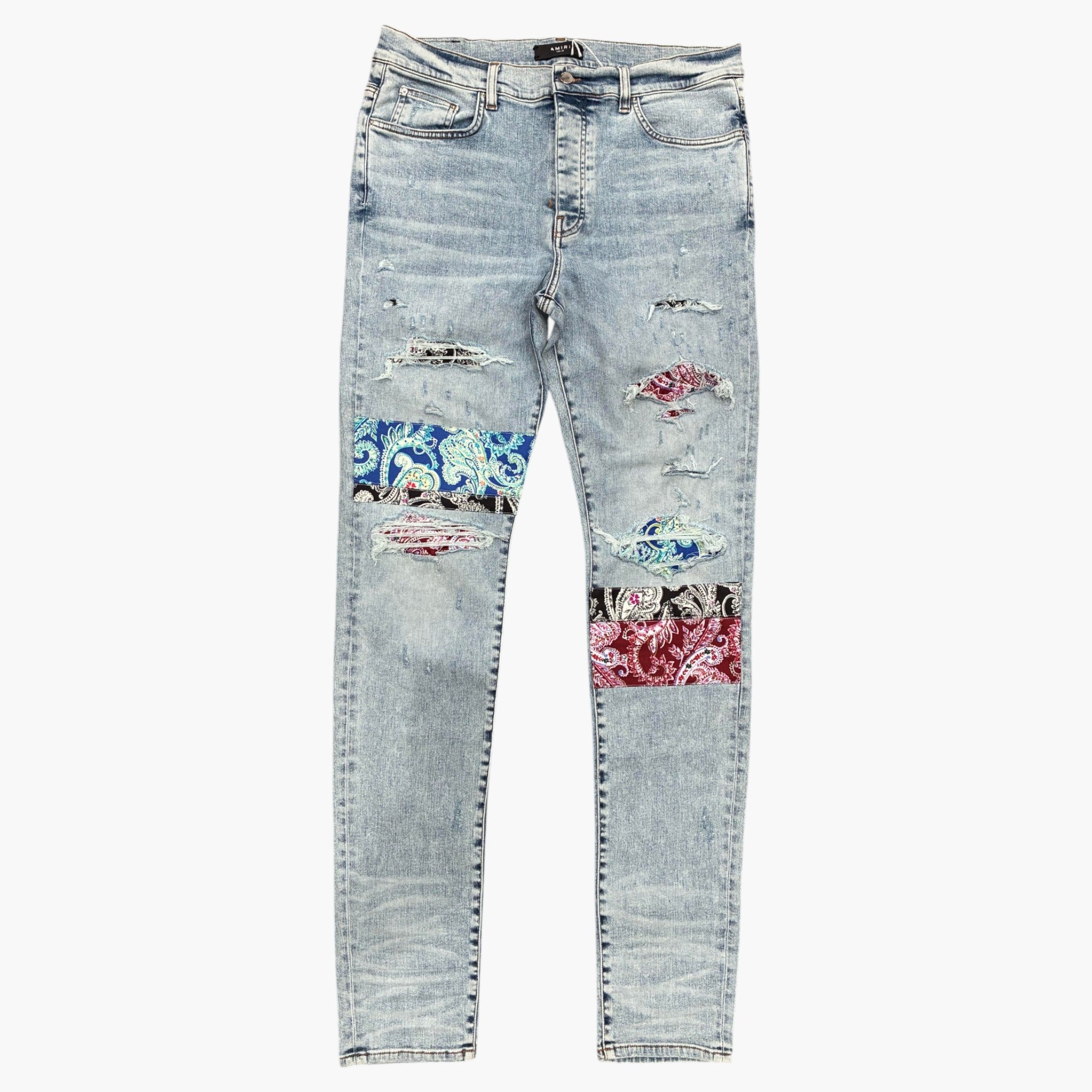 Amiri Patchwork Pajama Light Wash Mint Blue & Red Jeans