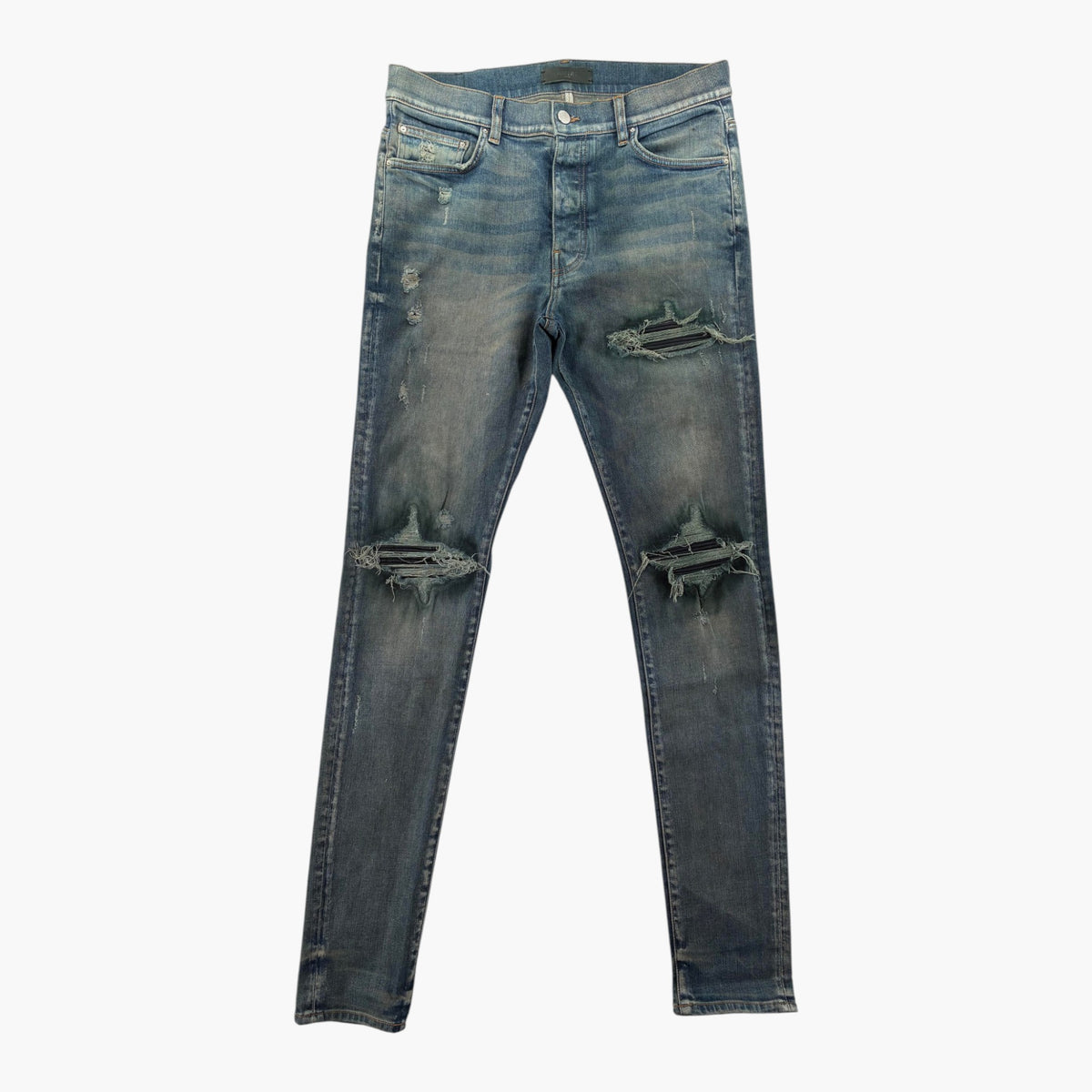 Amiri MX1 Dark Wash Black Leather Patch Jeans