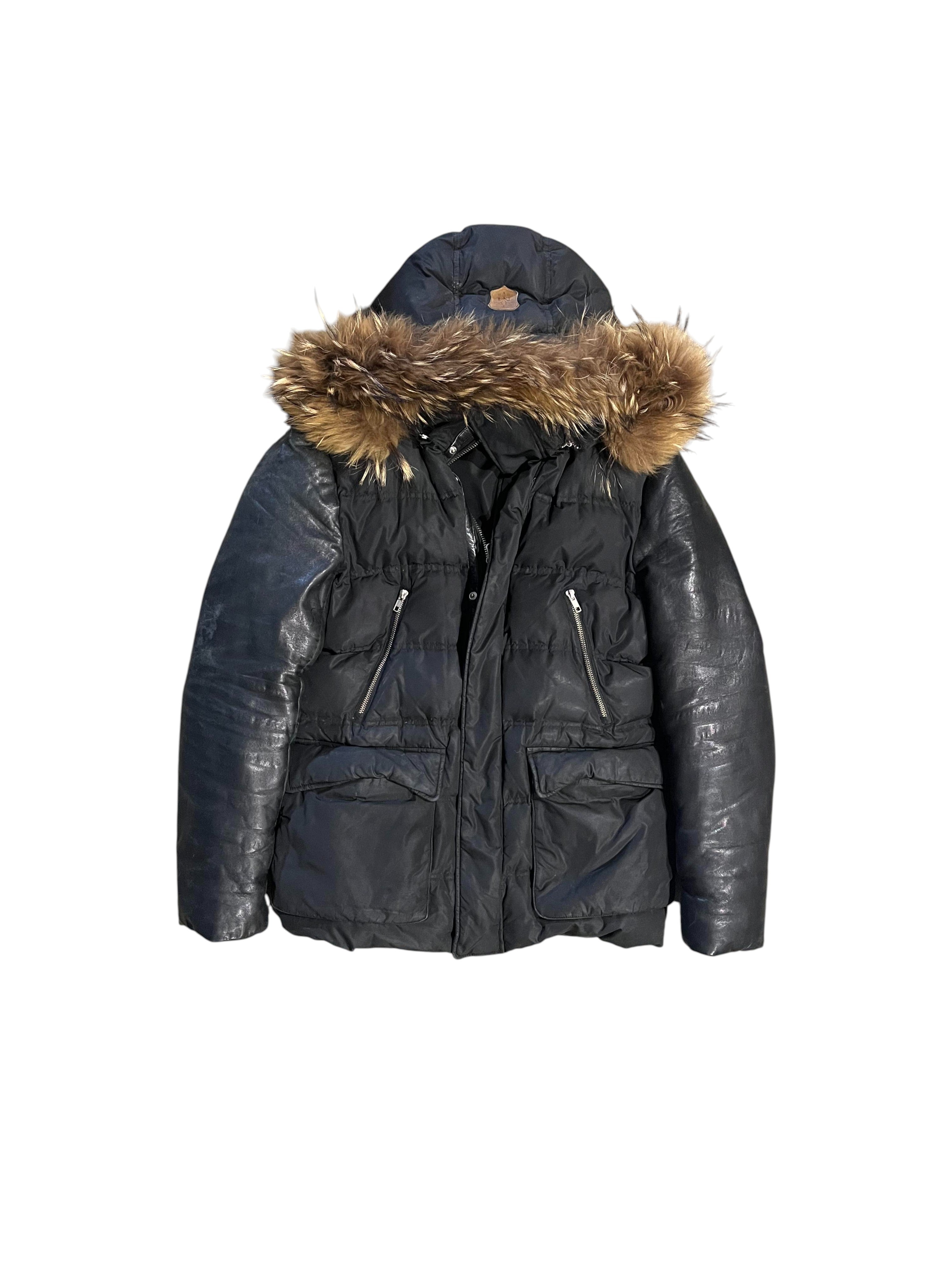 Mackage Black Leather Sleeve Fur Bomber Jacket