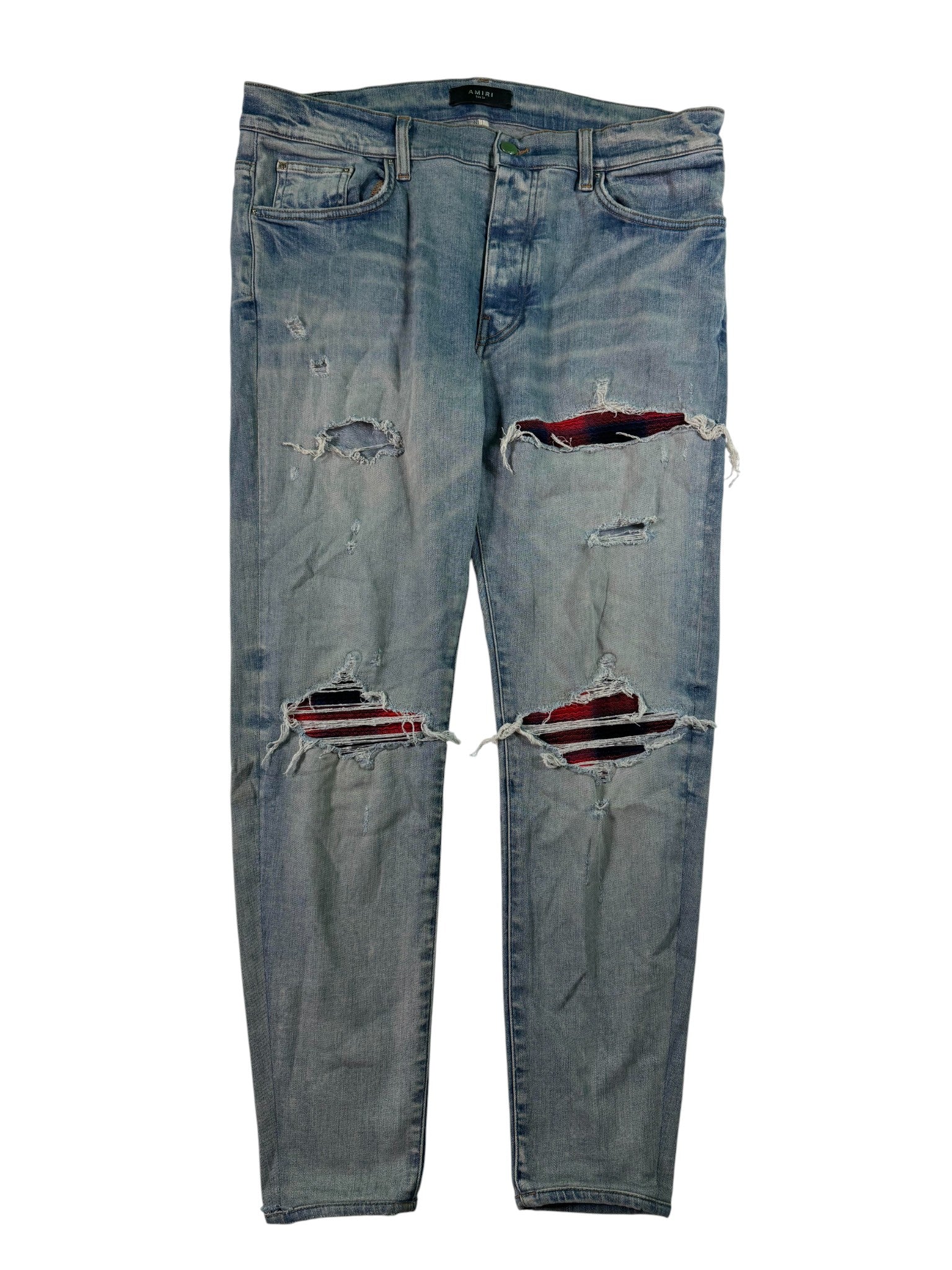 Amiri MX1 Light Wash, Blue & Red Patch Jeans