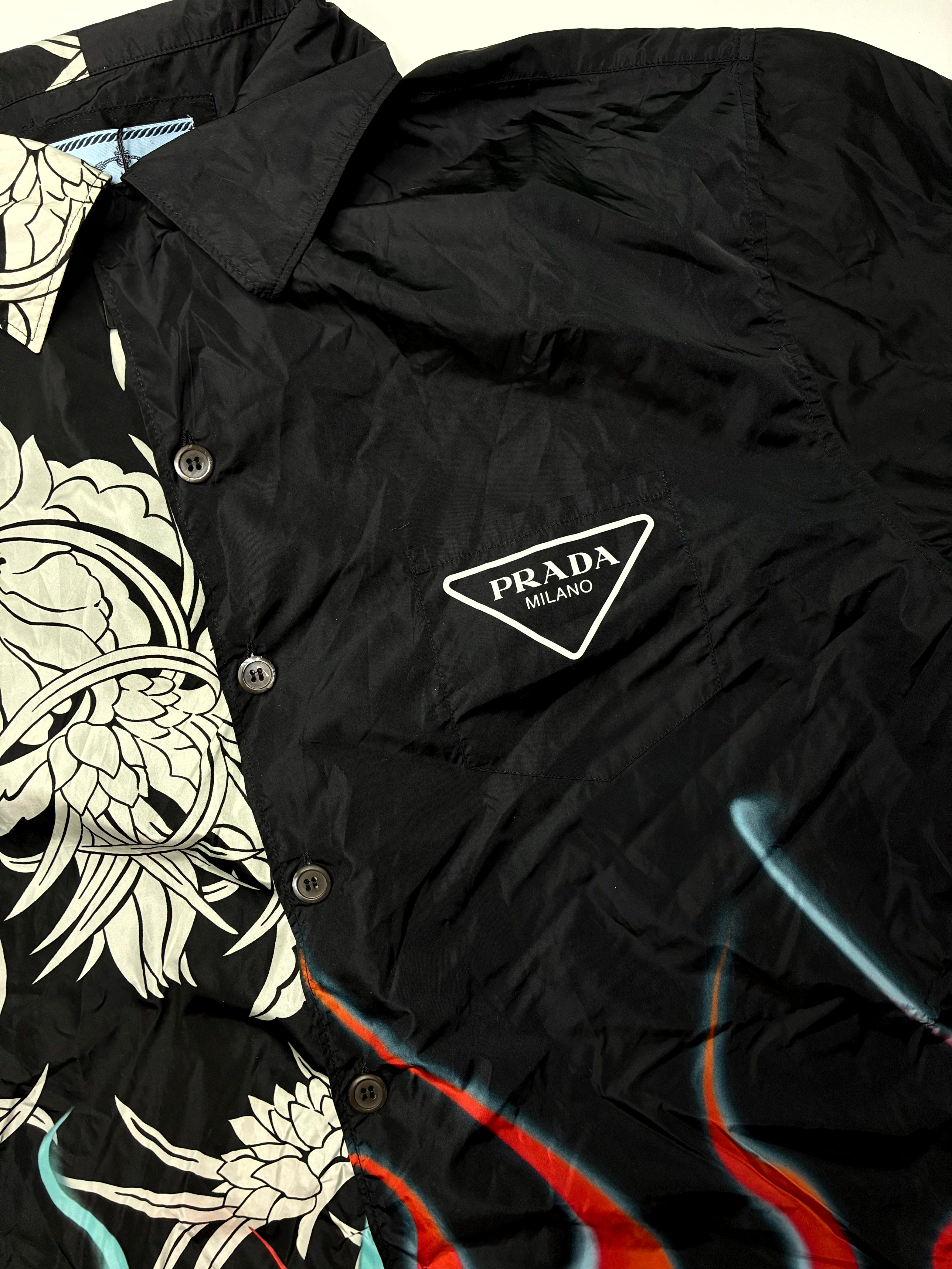 Prada Nylon Button Up Flames Black & Multicolor Shirt