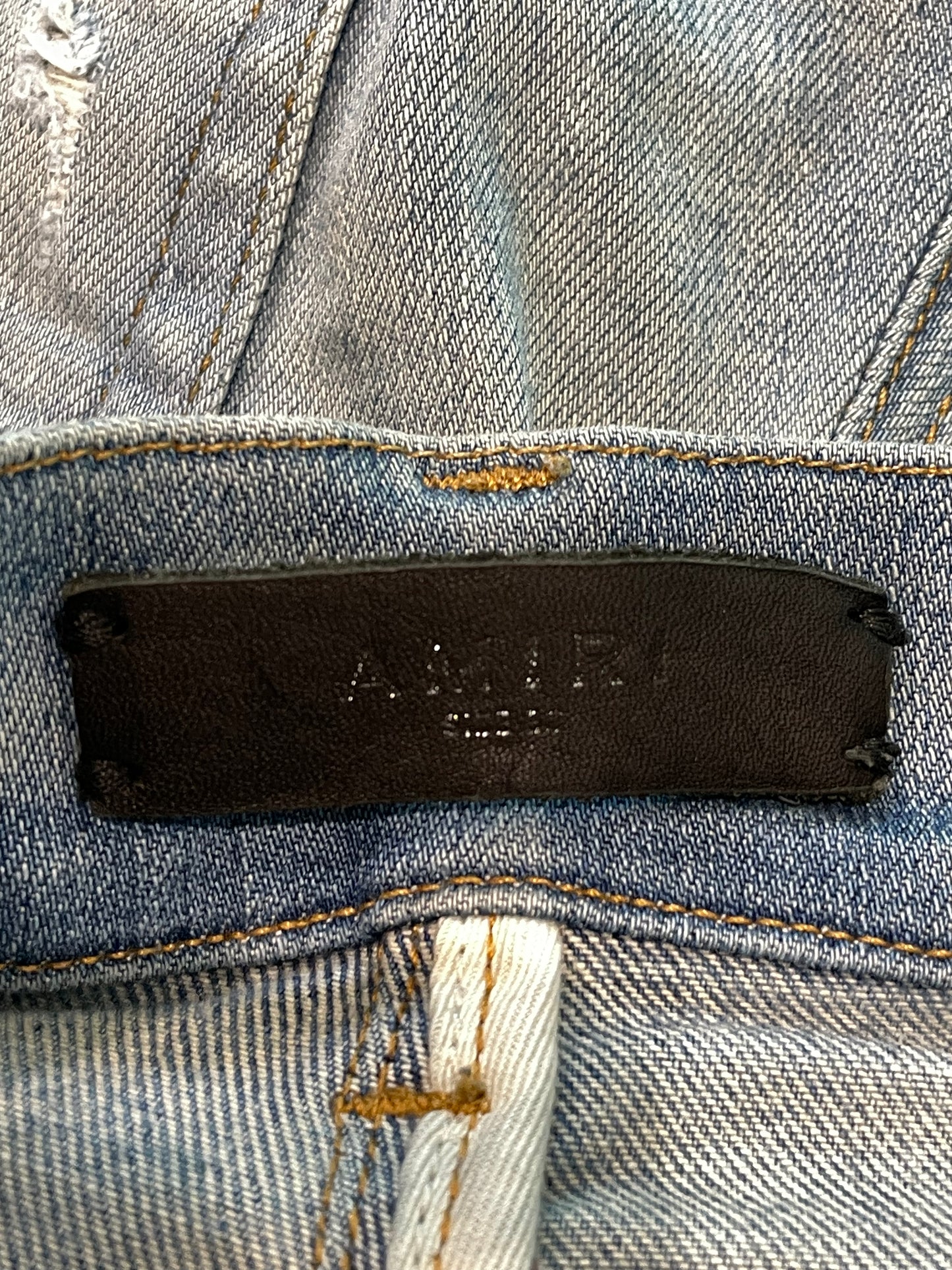 Amiri MX1 Orange Crackle Patch Light Wash Blue Jeans