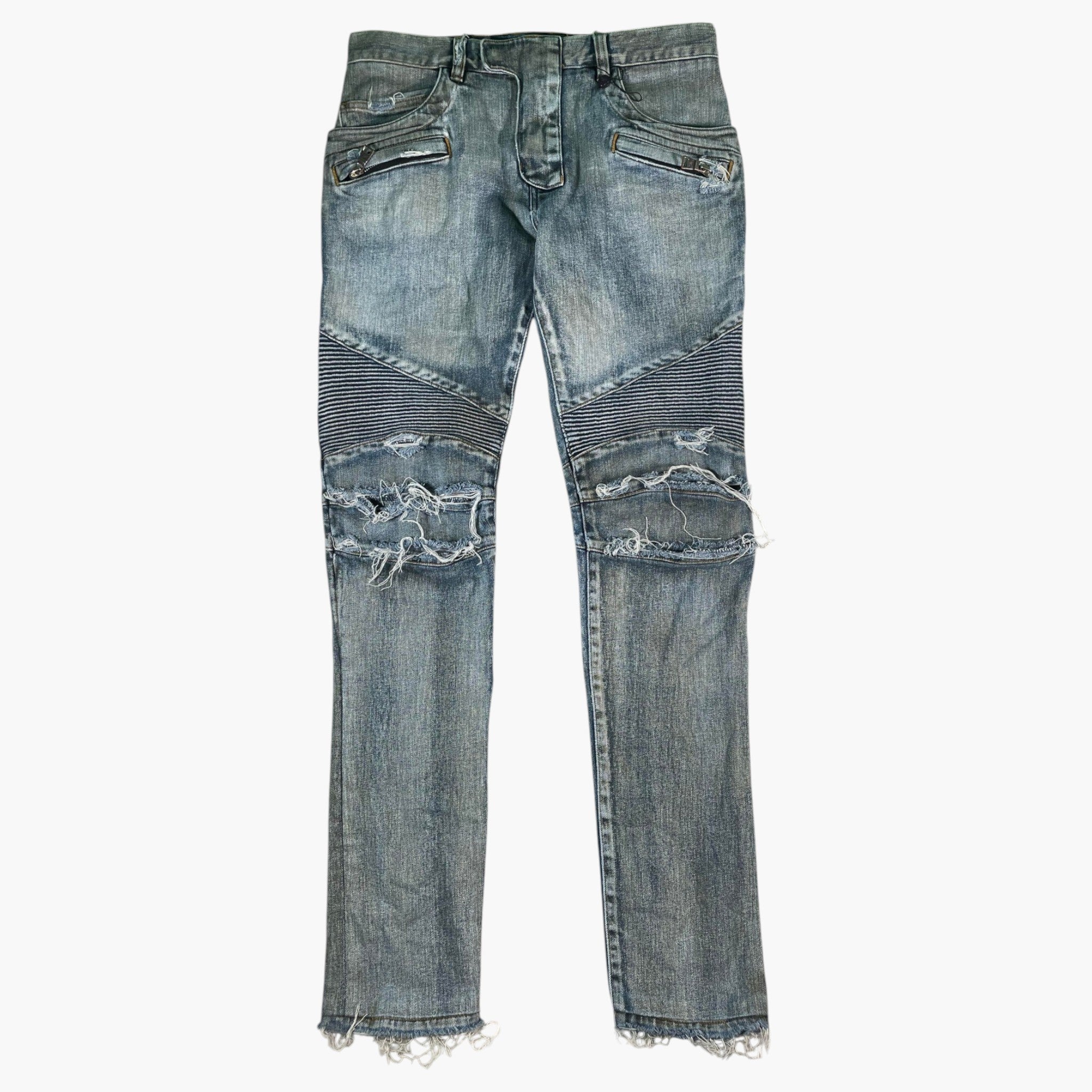 Balmain Distressed Biker Light Wash Jeans
