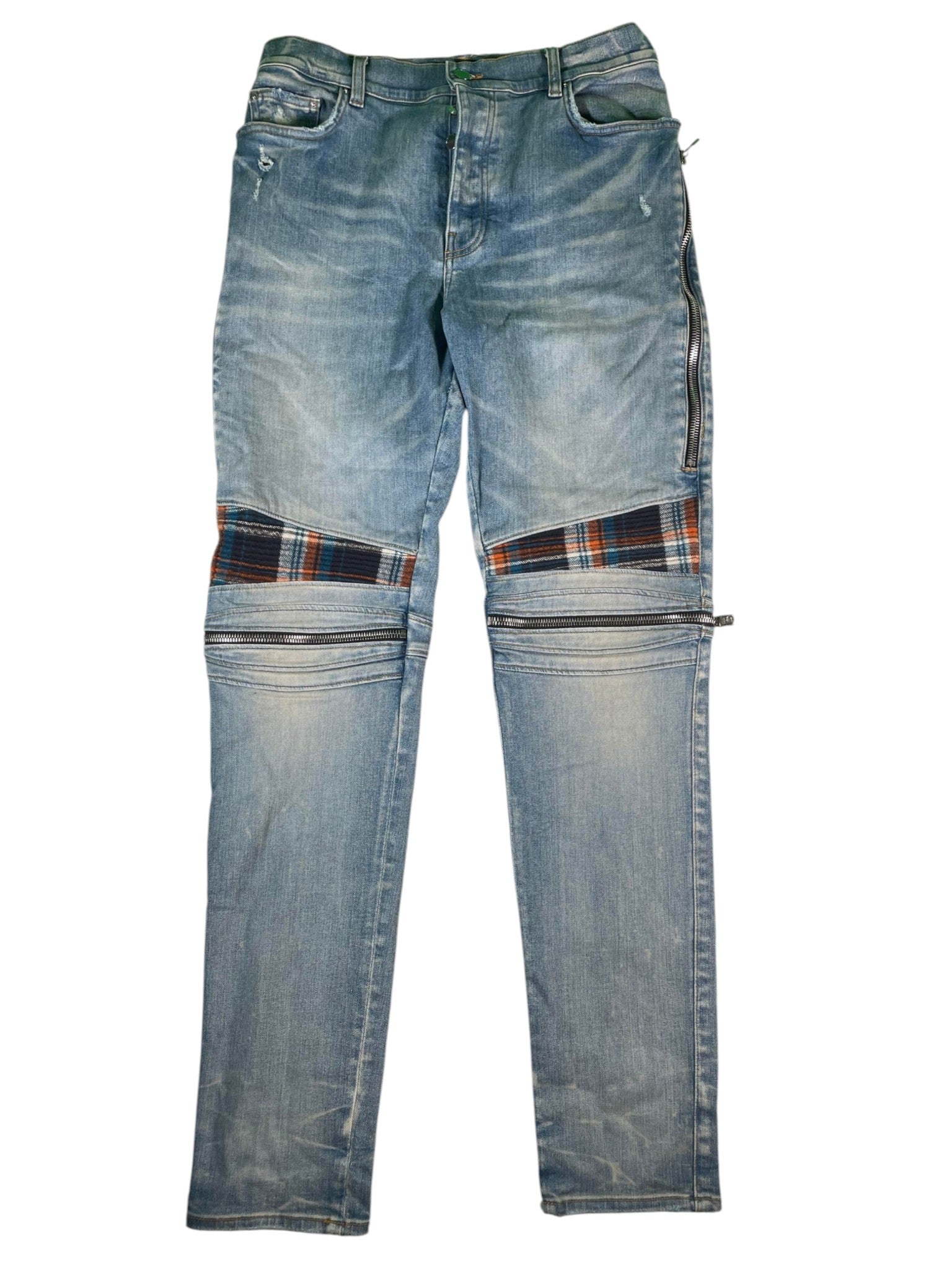 Amiri MX2 Blue & Orange Plaid Patch Light Wash Jeans
