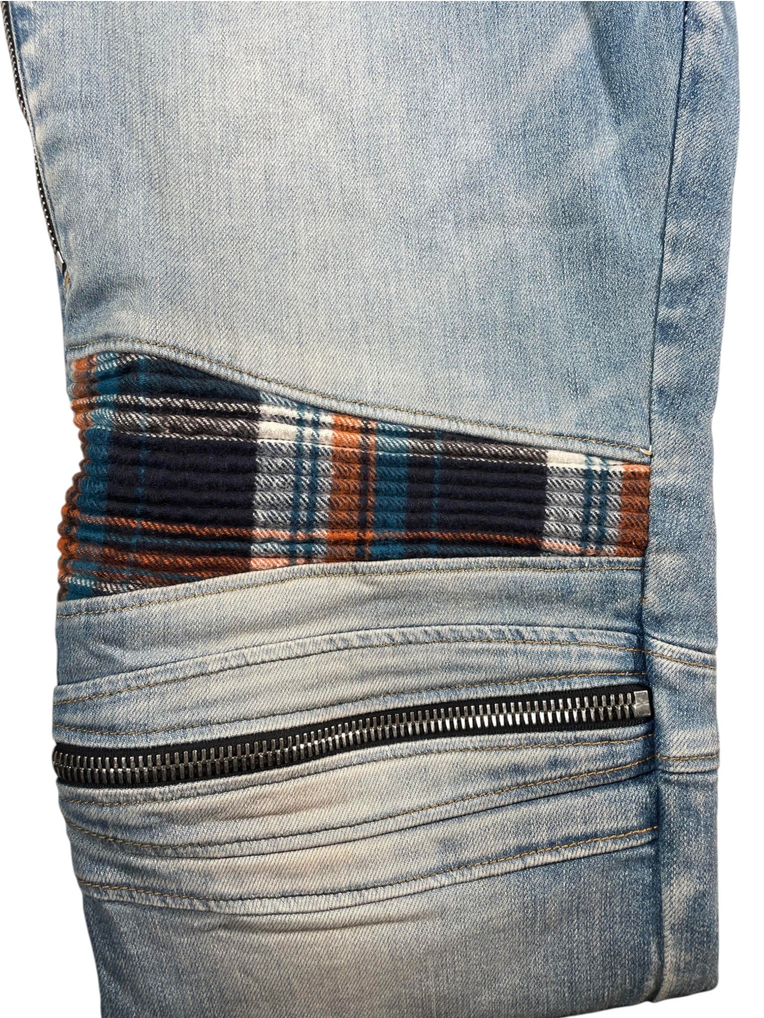 Amiri MX2 Blue & Orange Plaid Patch Light Wash Jeans