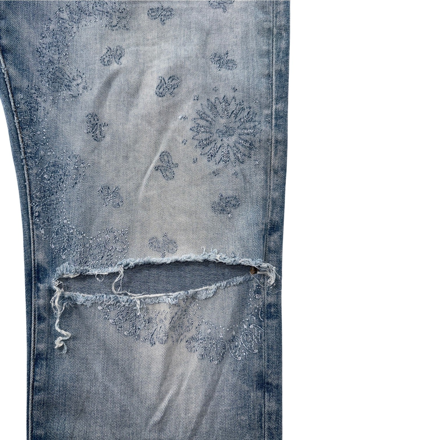 Amiri Paisley Monogram Ripped Light Wash Jeans