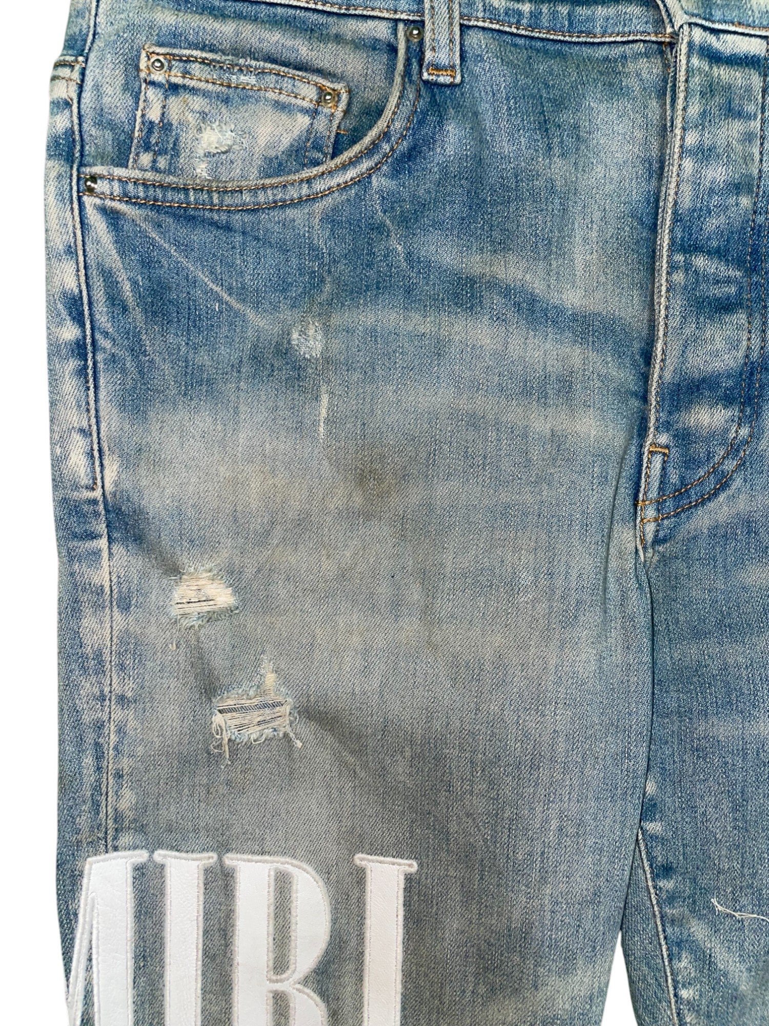 Amiri White Side Logo Light Wash Blue Jeans