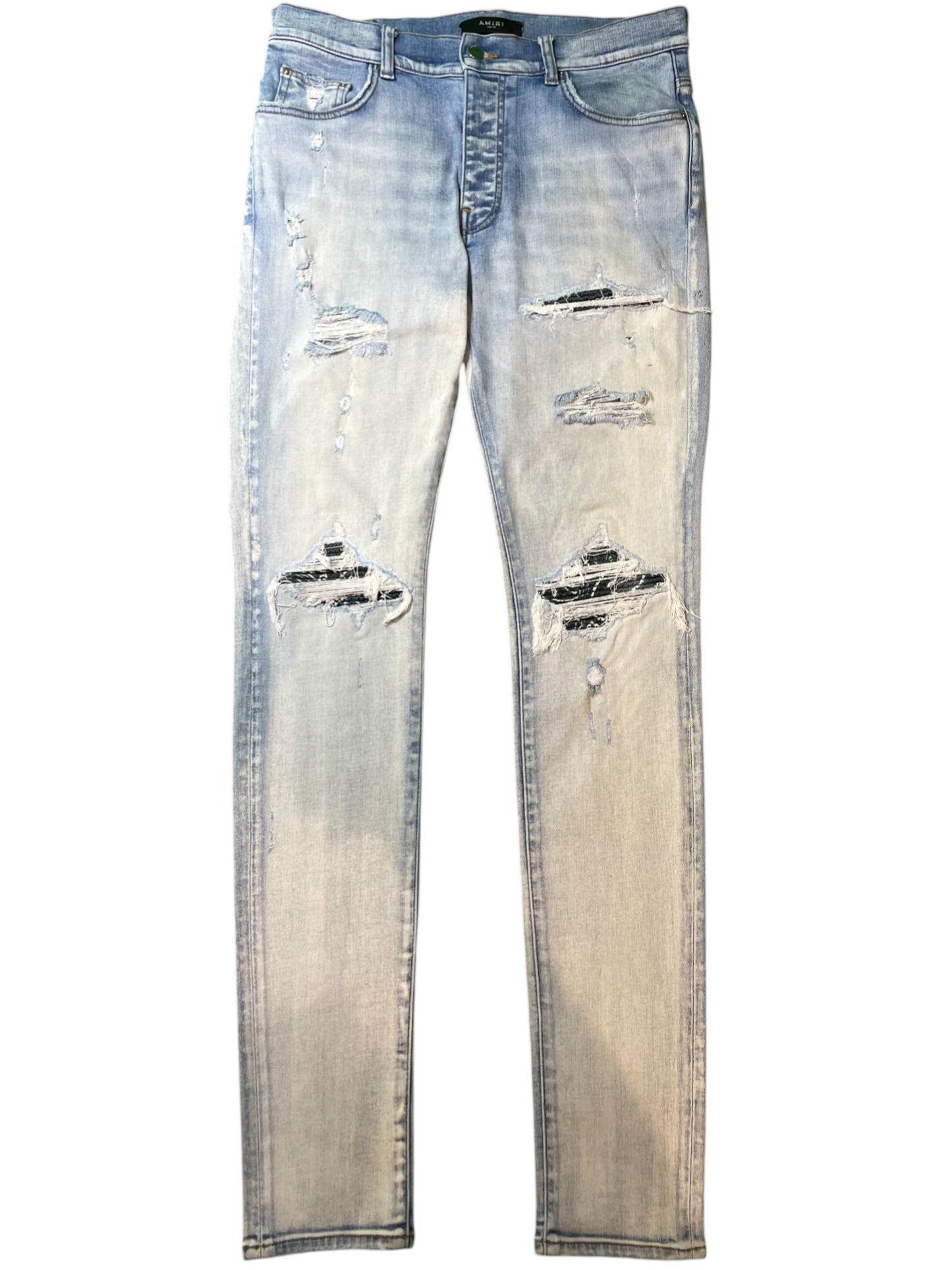 Amiri MX1 Teal Paisley Patch Light Wash Blue Jeans