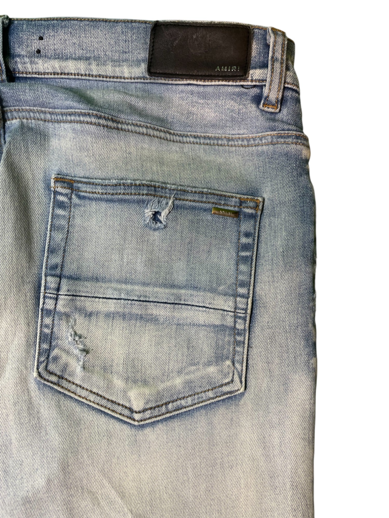 Amiri MX1 Teal Paisley Patch Light Wash Blue Jeans