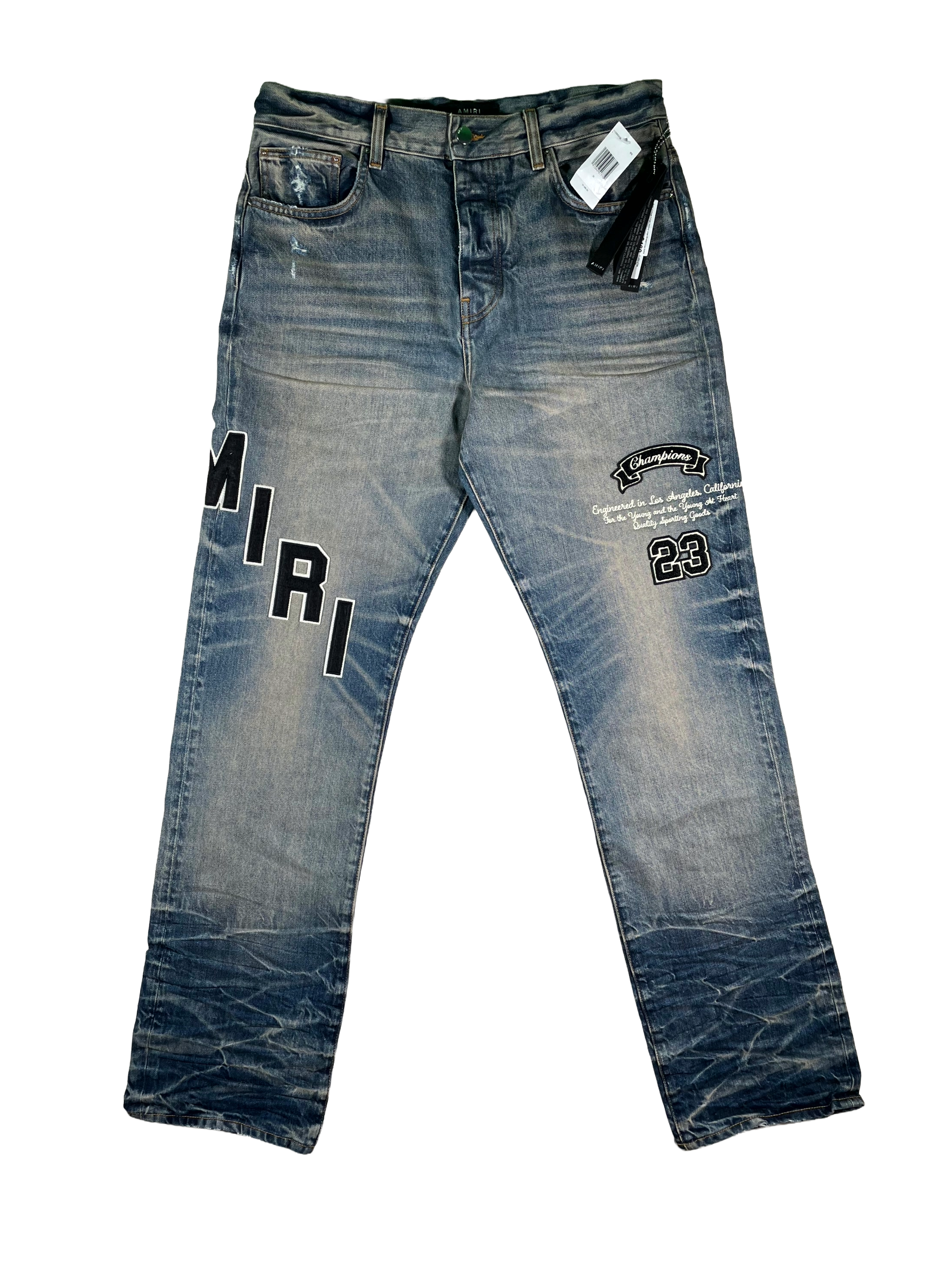 Amiri Vintage Indigo Hockey Logo Straight Leg Light Wash & Grey Jeans