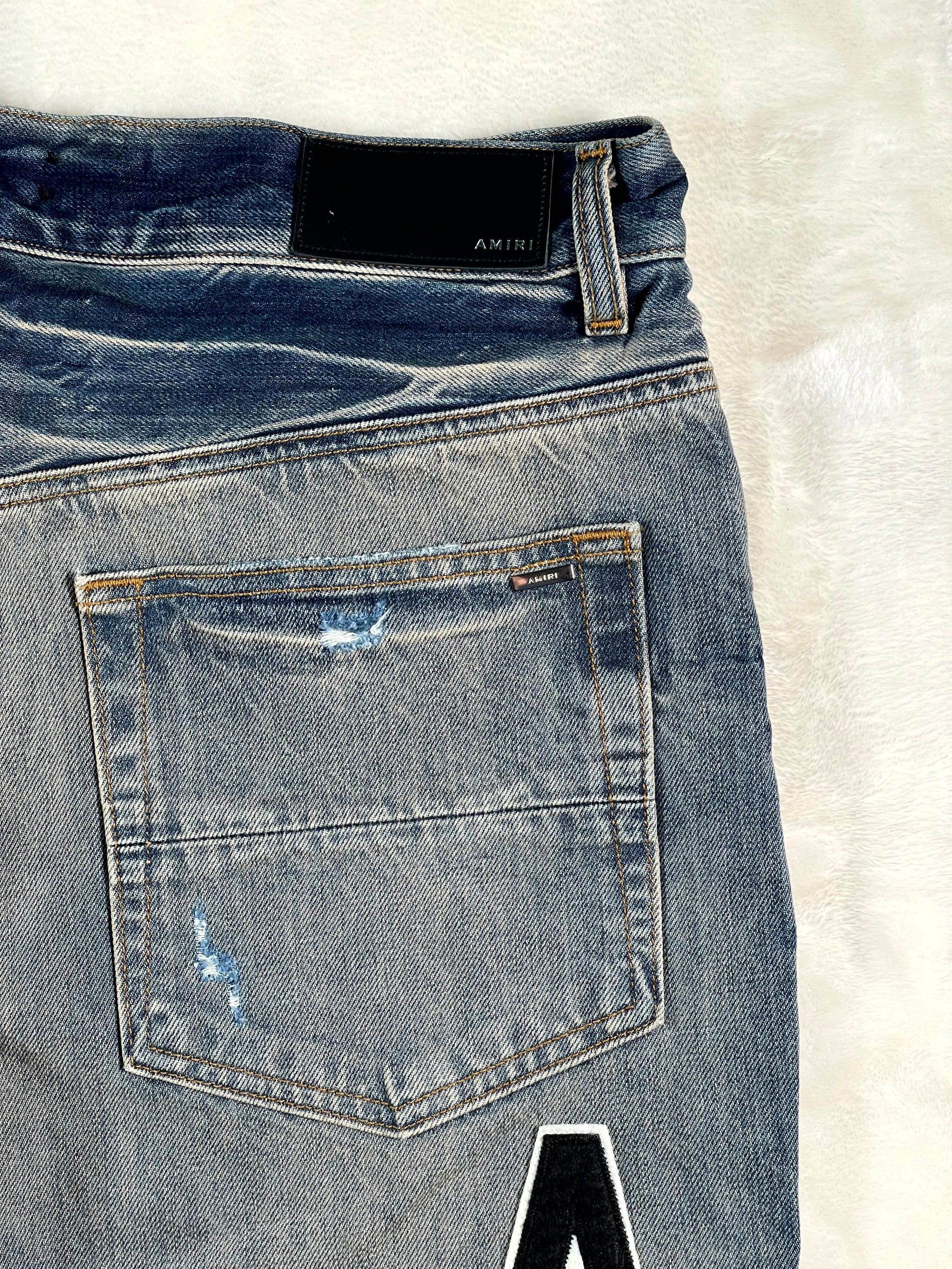 Amiri Vintage Indigo Hockey Logo Straight Leg Light Wash & Grey Jeans