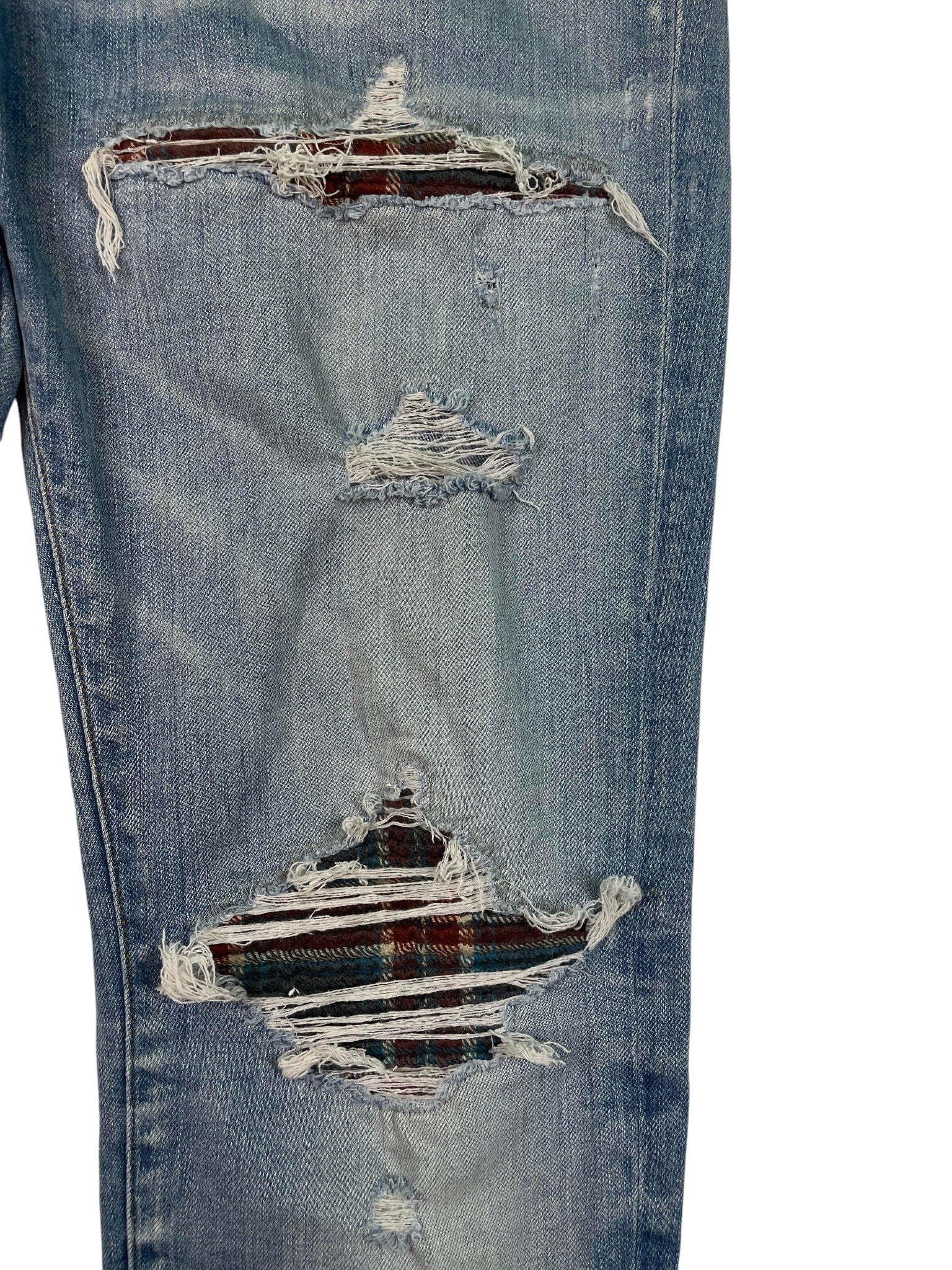 Amiri Burgundy & Blue Plaid Patch Light Wash Jeans