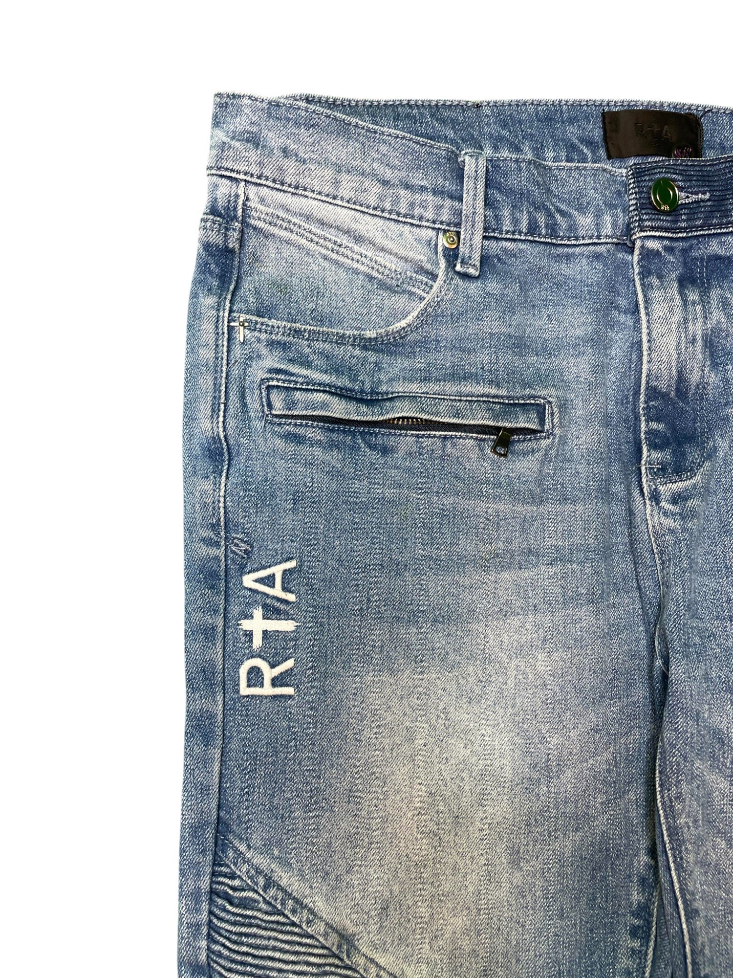 RTA Zipper Knee Patch Light Wash Blue Jeans